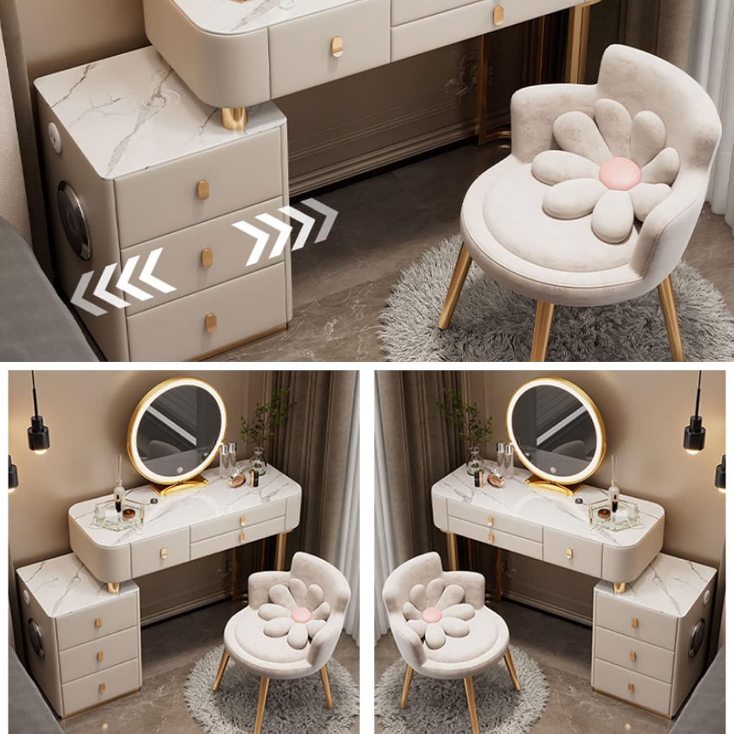 Vanity Desk With Touch LED Lighted Mirror, Dressing Table With 3 Color Lighting Modes, Makeup Vanity Table With 3 Drawers, Storage Cabinet And Charging Station, For Bedroom ( Color : Beige 2 , Size :