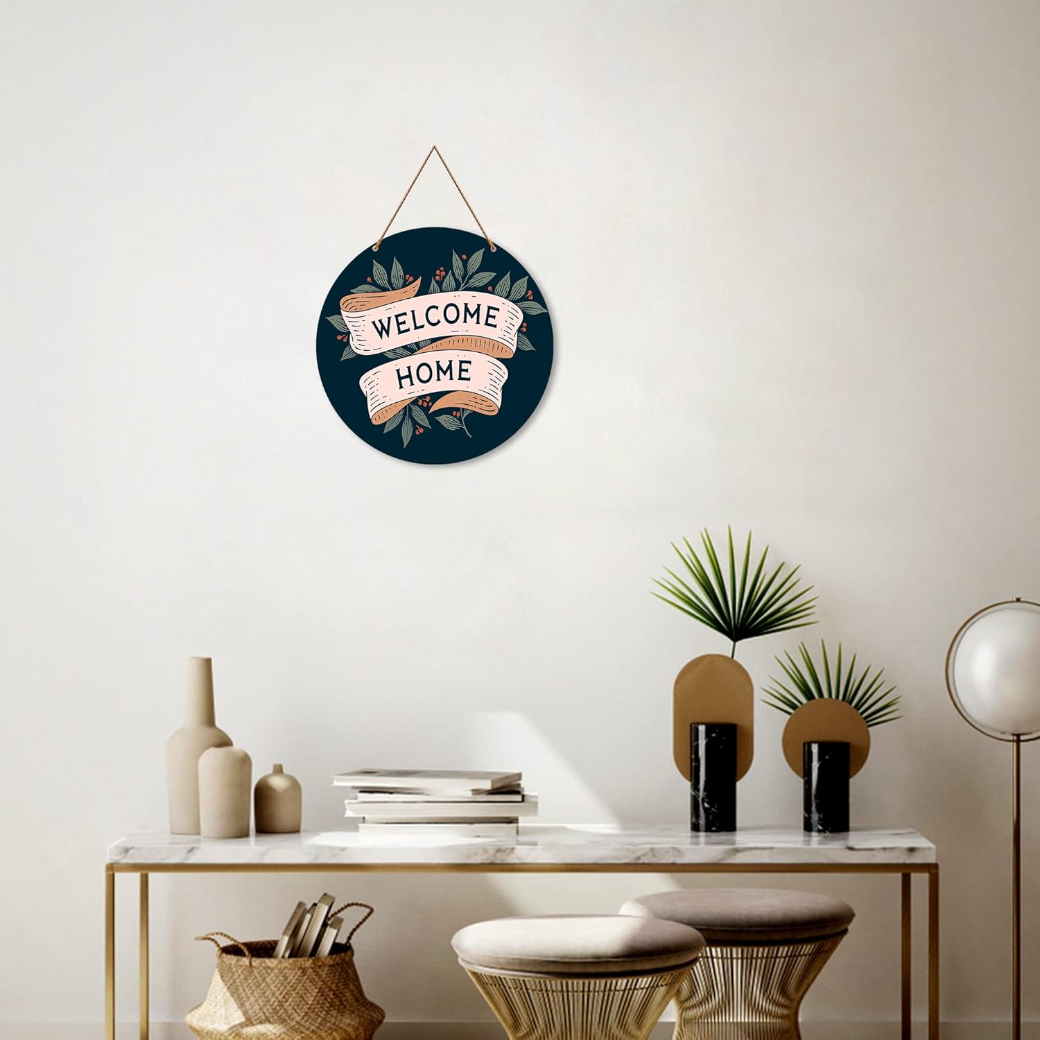 Artvibes Welcome Home Round Wall Hanger (WH_4005N, Multicolour)