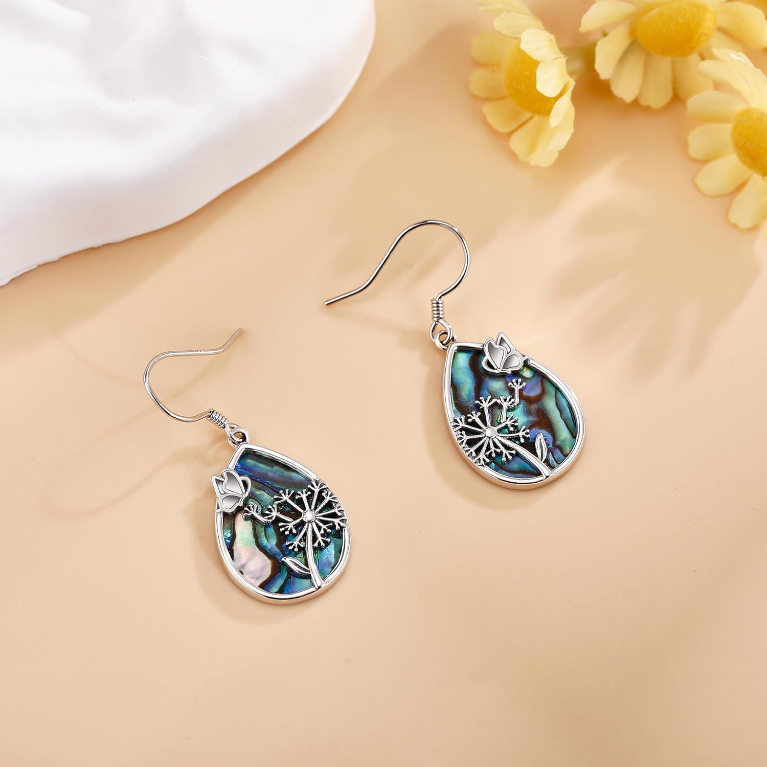 ONEFINITY Dandelion Earrings 925 Sterling Silver Abalone Shell Flower Dangle Drop Earrings Dandelion FLoral Jewelry Mothers Gifts for Women Mom Grandma - Image 5