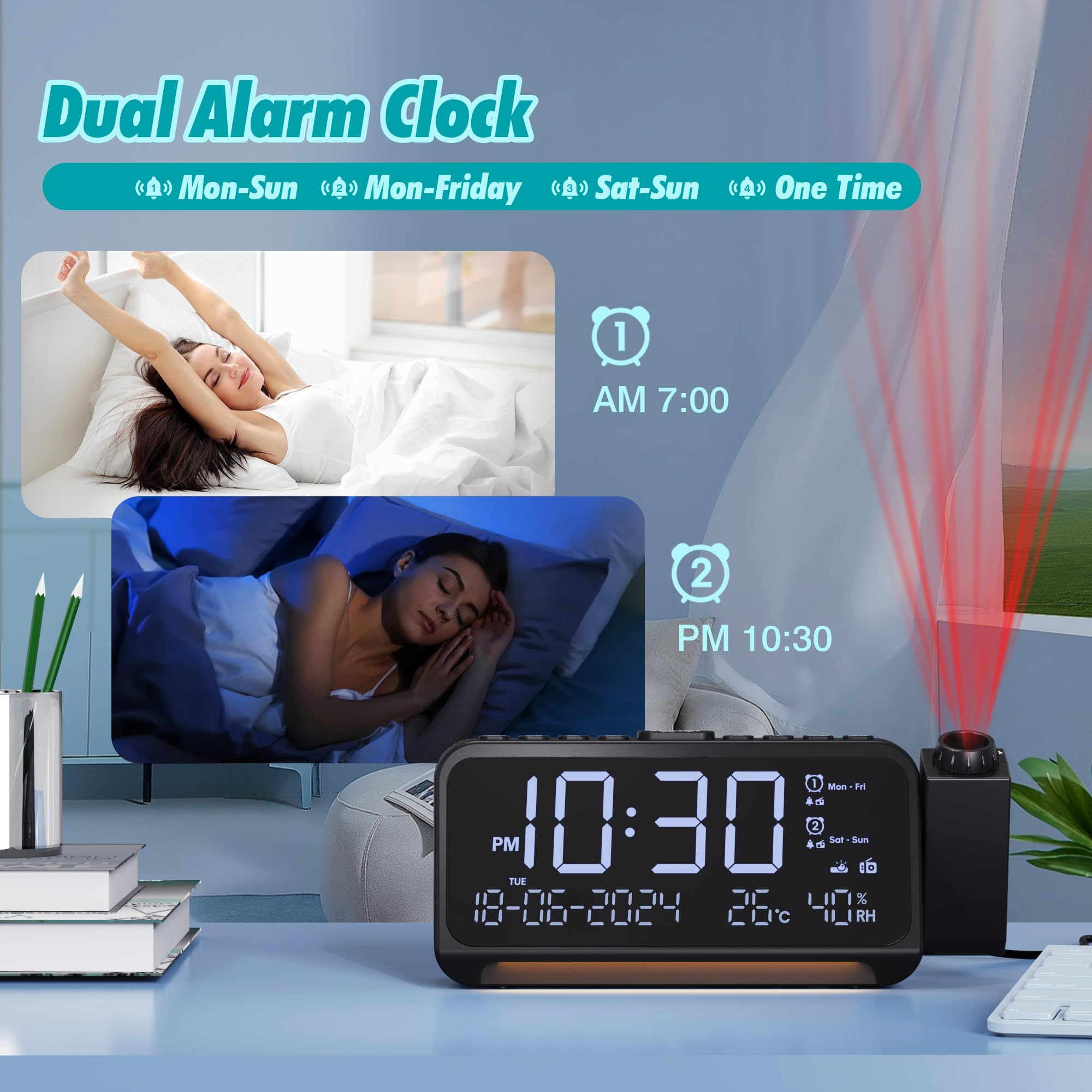 Mesqool Radio Réveil Projecteur de Plafond avec Projecteur 320°, Mode Jours Ouvrables/Week-End, 2 Alarmes, Chargeur USB de Type C, FM, Variateur d'intensité, Température, Humidité, Snooze, 12/24H