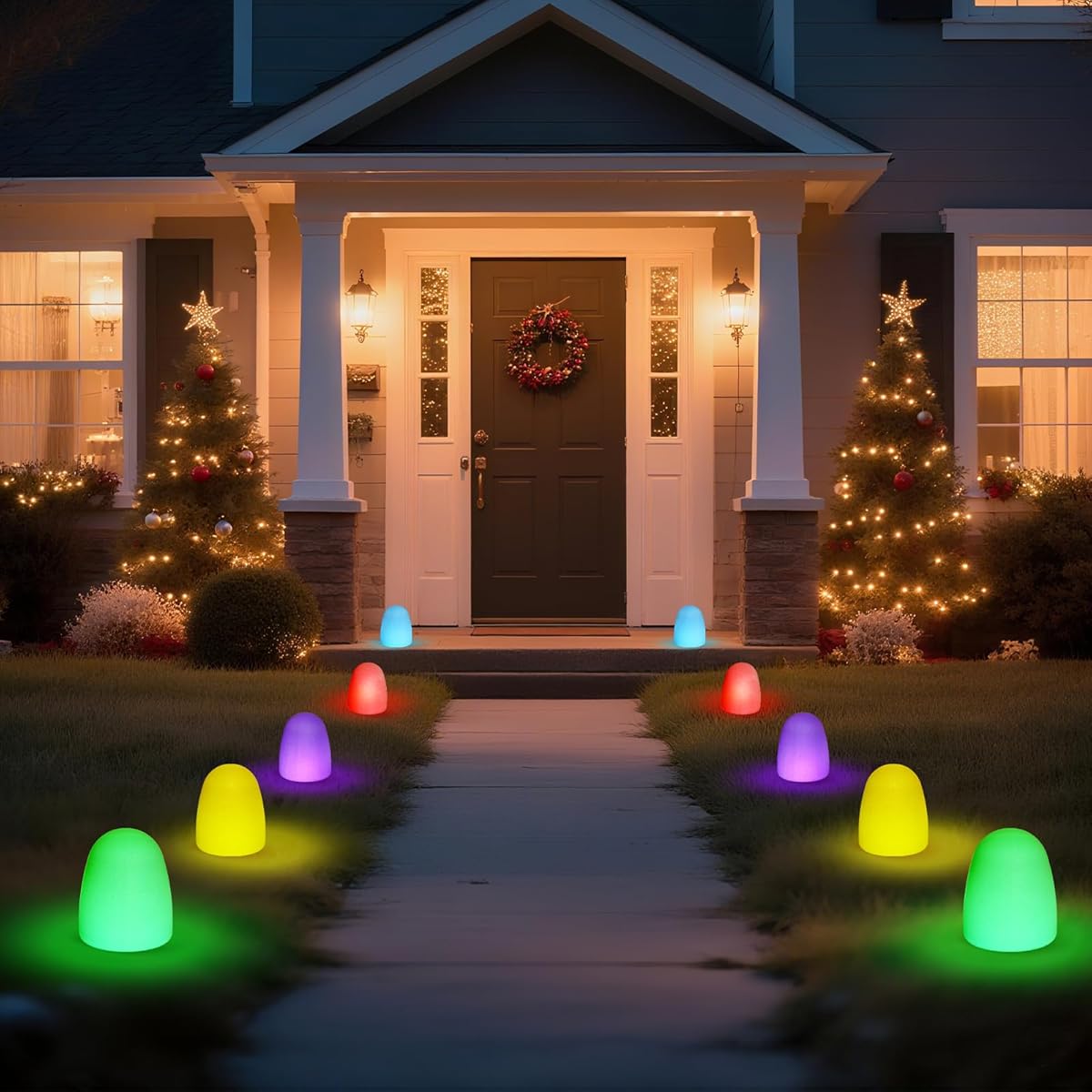 24 Pcs 6'' Gumdrop Christmas Pathway Solar Lights Waterproof 6 in 1 LED Gumdrop Solar Stake Light with 5 Colors for Xmas Path Lawn Garden Landscape Courtyard Sidewalk Driveway Walk Way Outdoor Light