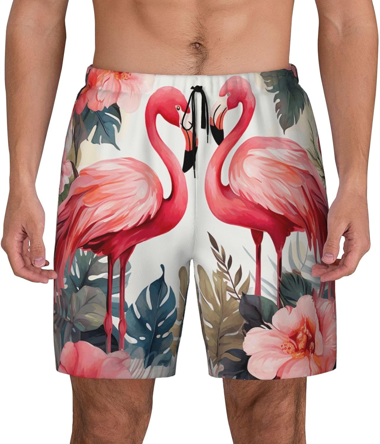 Men's Swim Trunks Quick Dry Board Shorts Mens Bathing Suit Swimsuits Floral with Flamingo Beach Shorts with Pockets