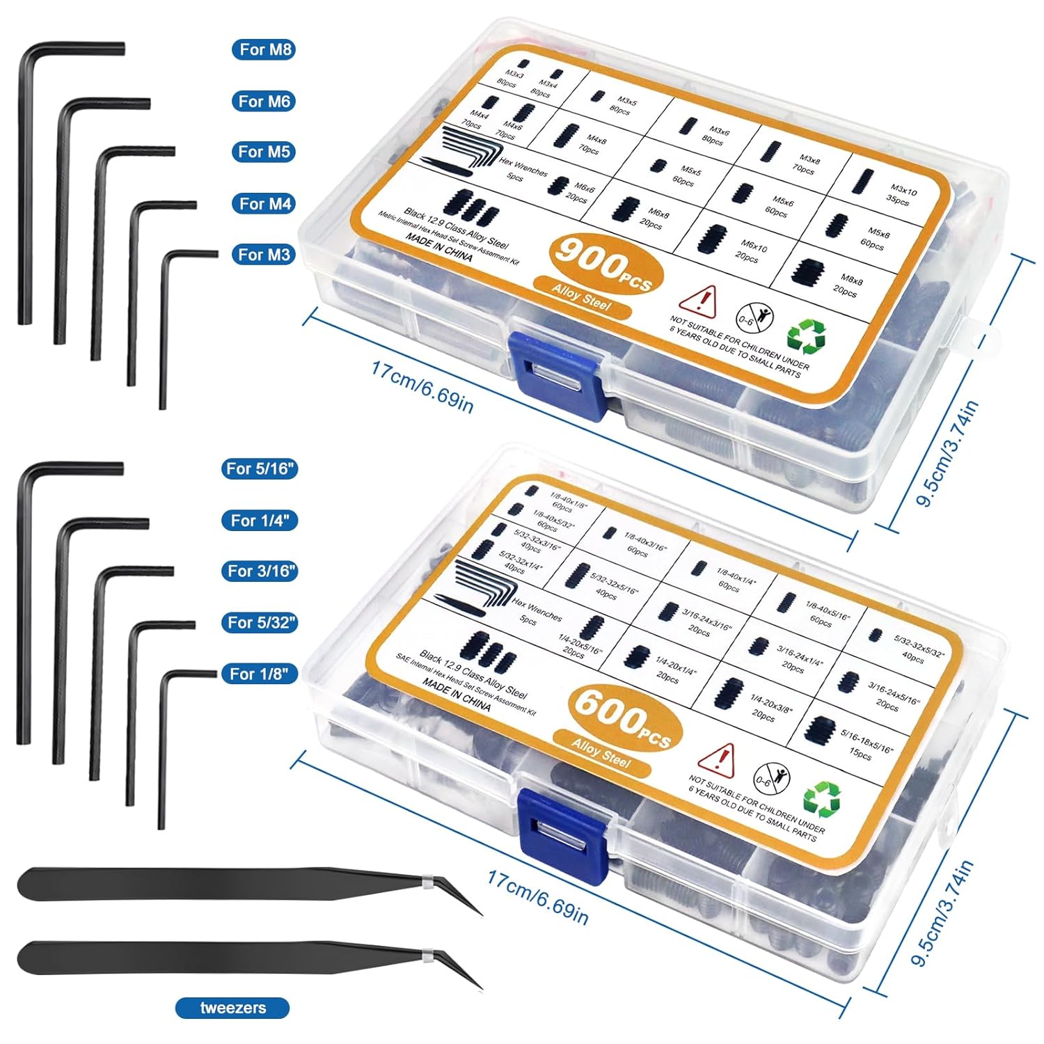 1500PCS Metric & SAE Set Screw Assortment Kit, 32 Size 12.9 Class Alloy Steel Internal Hex Allen Grub Head Set Screws for Bathroom Fixtures, Door Handles, Home Repair, Black, M3-M8, 1/8-40 to 5/16-18