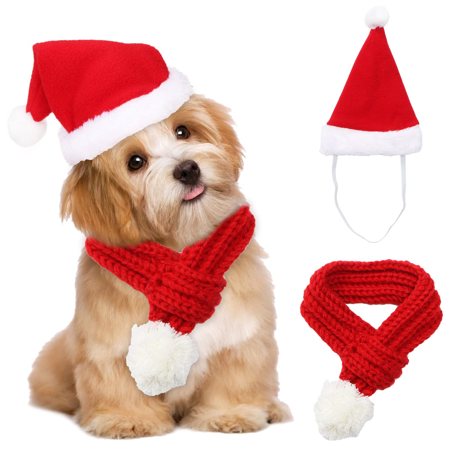 Dog Christmas Outfit Christmas Pet Knit Scarf Red Pet Scarf Santa Hat Xmas Pets Costume Accessories for Puppy Small Dogs Cat (S)