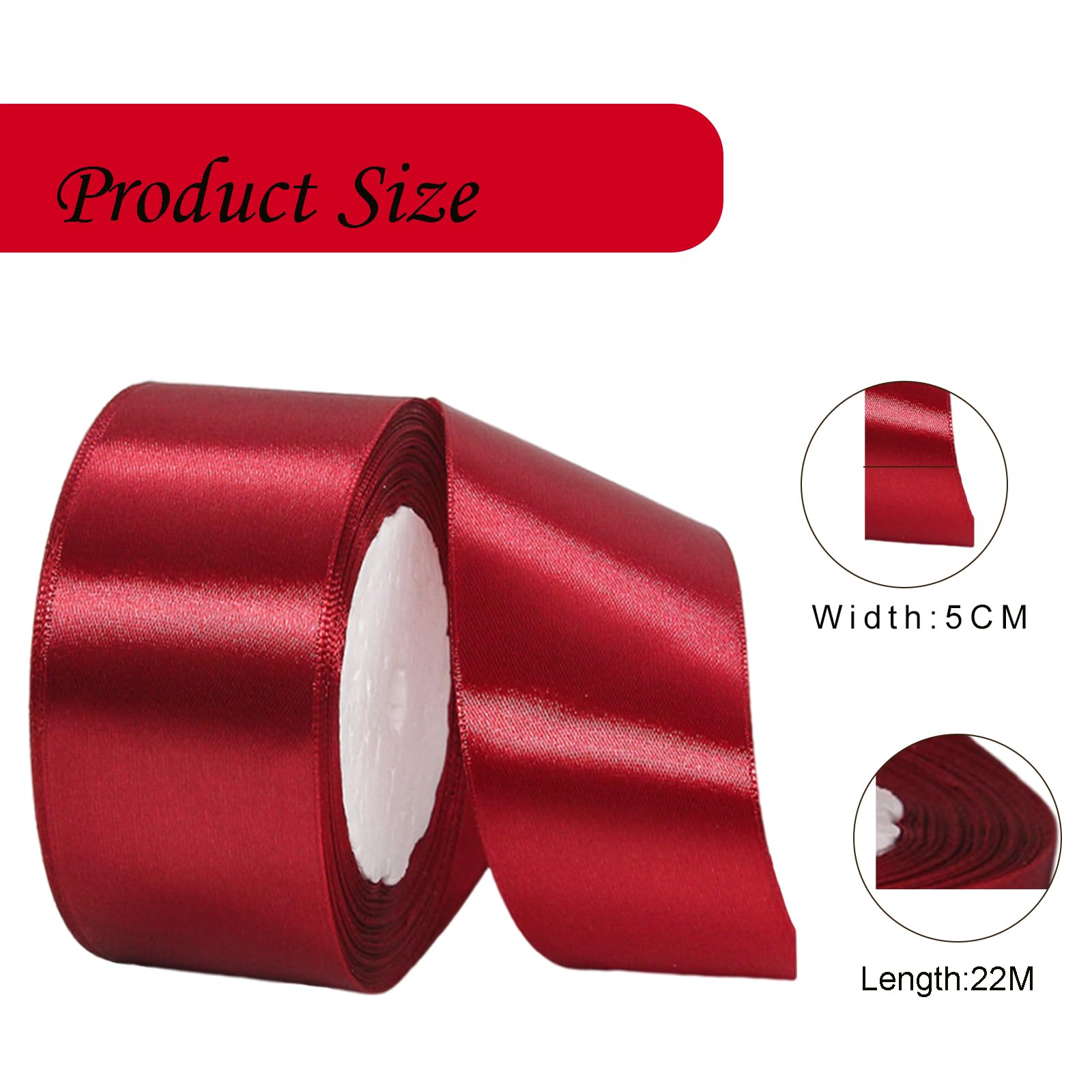 Wide Claret Ribbon 50mm Satin Ribbons for Gift Wrapping,22m 1.9Inch Silk Thick Wrapping Ribbon Wine Red for Crafting,Union Jack British,Christmas,Wedding Car,Hair,Cake Decorations - Image 2