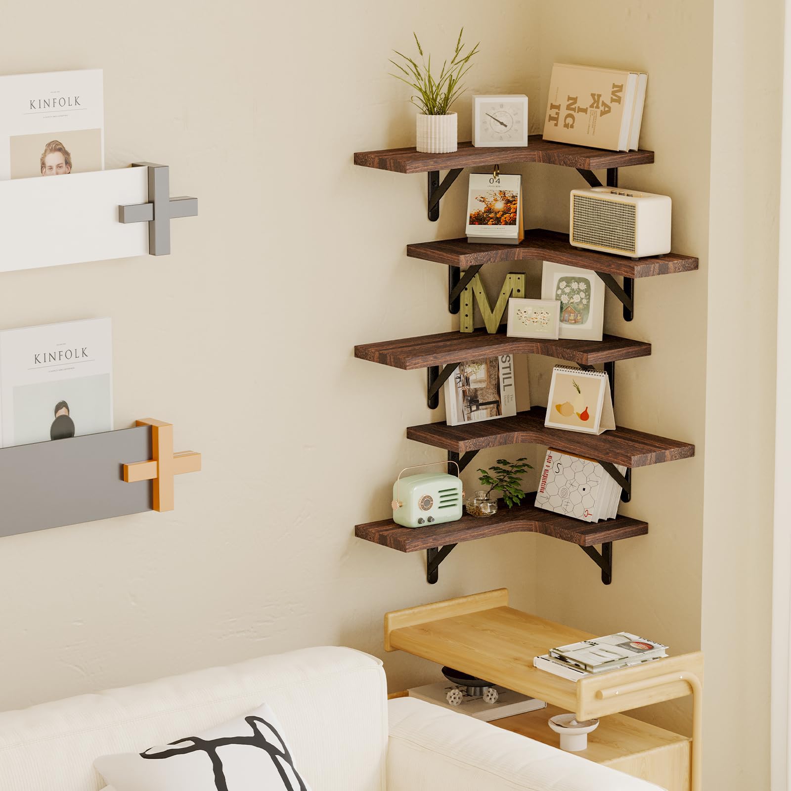 Fixwal Juego de 5 estantes flotantes para pared, estante esquinero de madera rústica para baño, cocina, dormitorio, decoración del hogar, lavandería, sala de estar (marrón nogal)