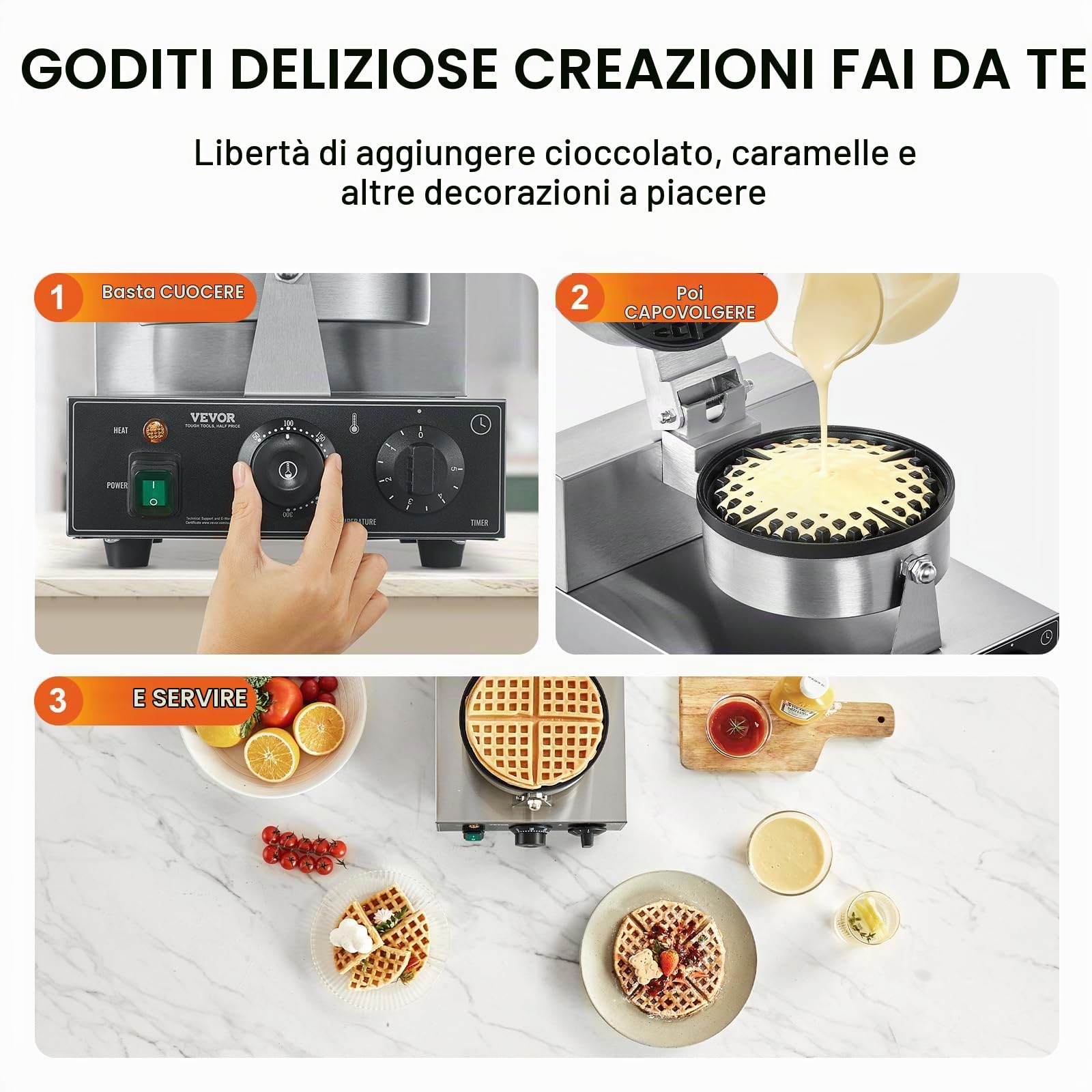 VEVOR Macchina per Waffle Belga Rotonda Commerciale Macchina Waffle 1230 W, Piastra Waffle Belga in Acciaio Inox Antiaderente, con Controllo Temperatura Tempo, Maniglia, per Ristoranti, Panetterie