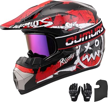 OUMURS DOT Adult ATV Dirt Bike Helmet with Goggles Gloves & Mask Adjustable Sun Visor Motorcycle Adult Helmet Off-Road Motocross Downhill Moped MX for Unisex-Adult OUMURS 125A-Matte Black