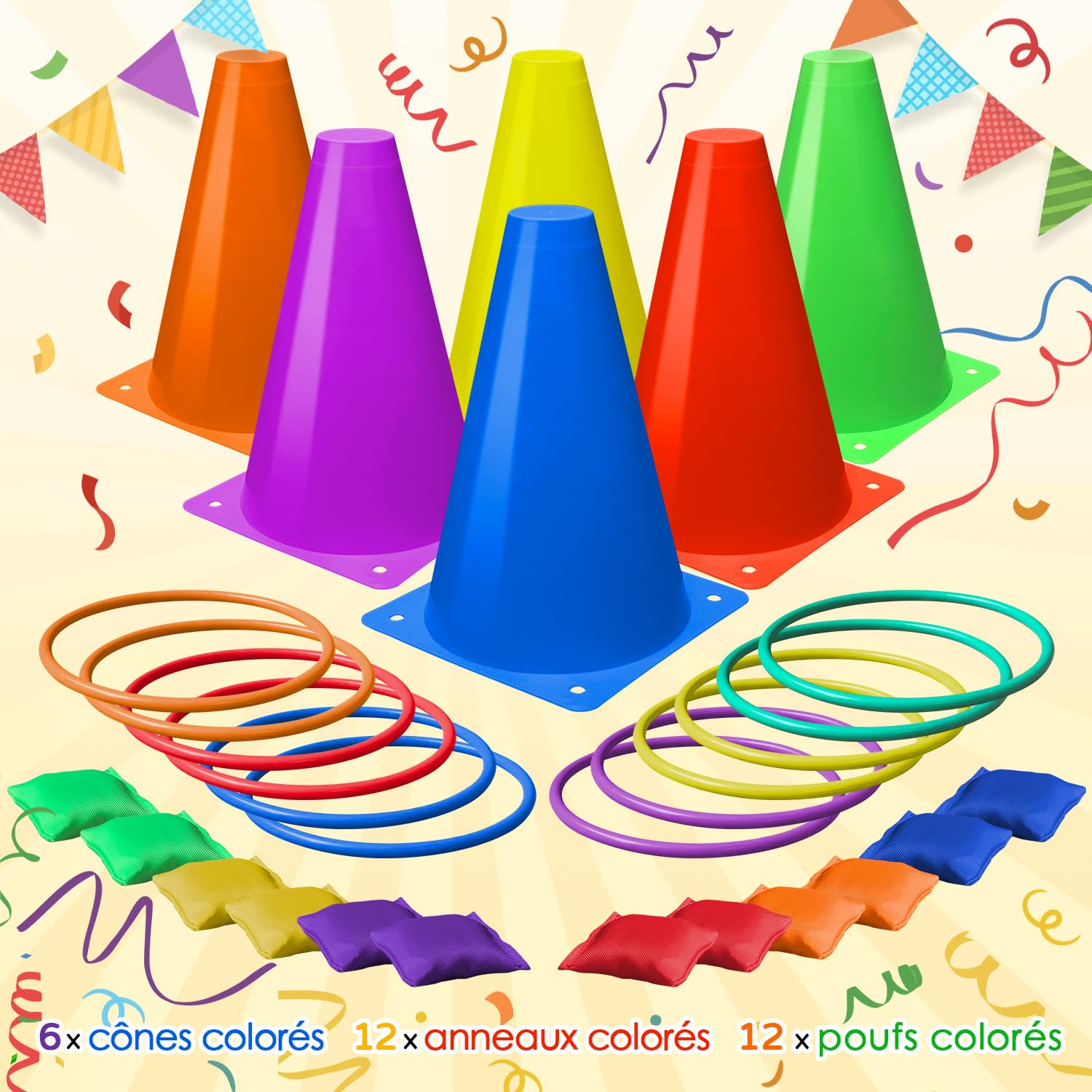 Eocolz Ensemble de Jeux de Carnaval 3 en 1, cônes en Plastique Souple, Sacs de Haricots, Jeux de Lancer d'anneaux, Jeux de Plein air pour fête d'anniversaire d'enfants, Fournitures de Jeux de Plein
