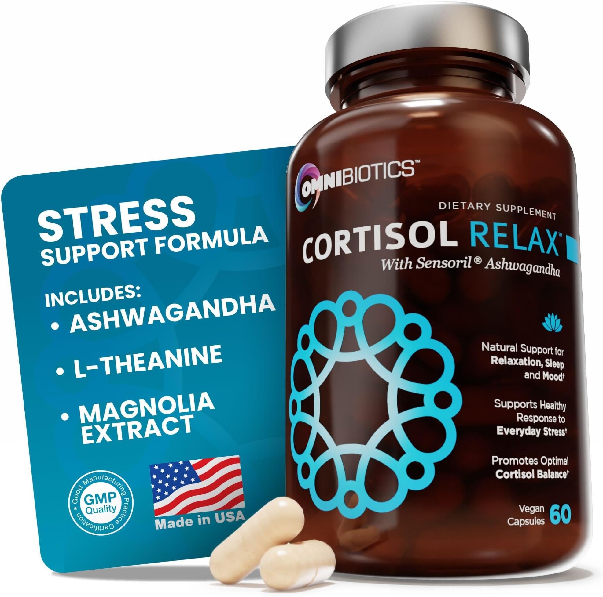OmniBiotics Cortisol Supplement for Women and Men - High Cortisol Manager with Ashwagandha, L-Theanine, Magnolia Extract, Phosphatidylserine to Support Relaxation, Calm, Detox - 60 Vegan Capsules