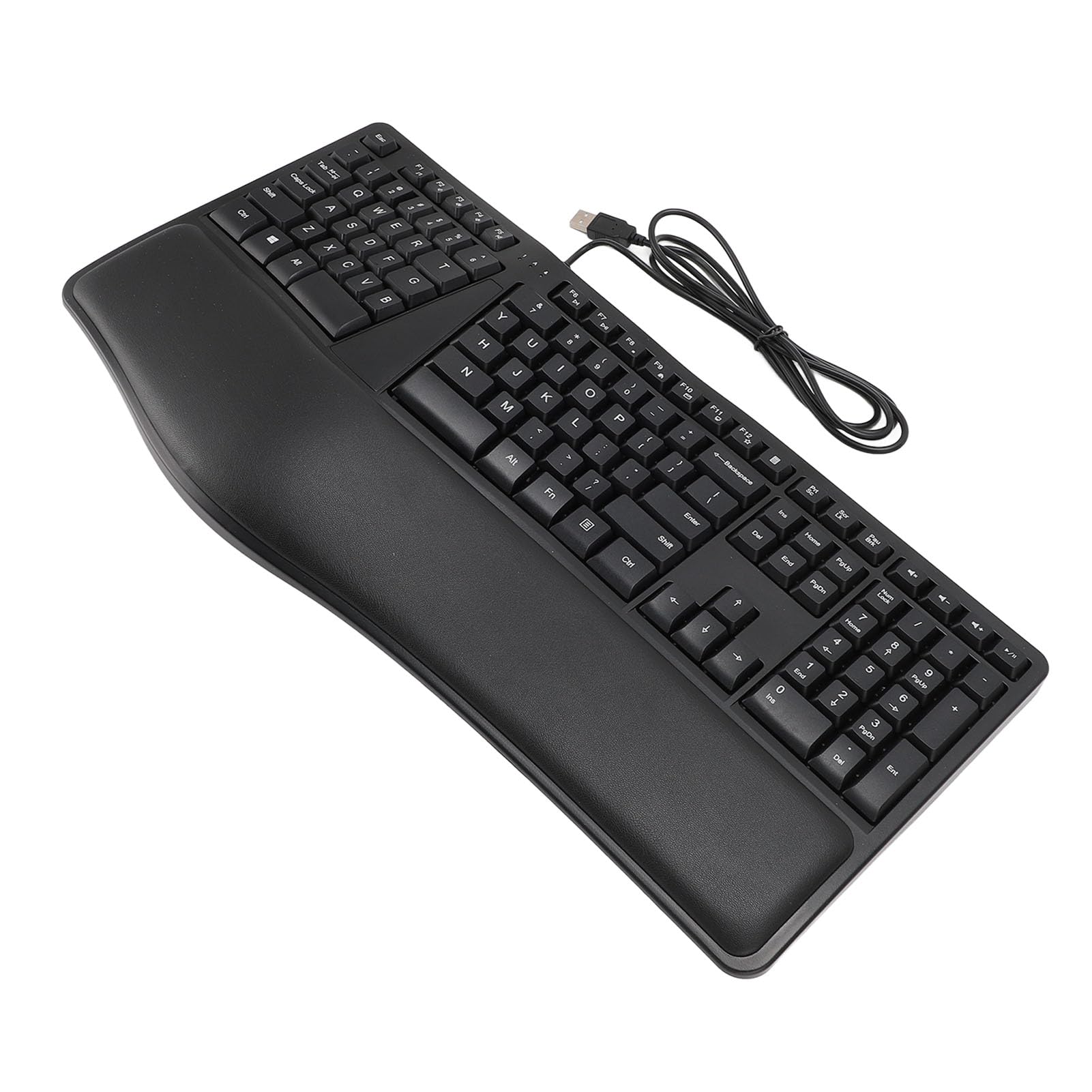 Tastiera Ergonomica USB Cablata per Laptop, Design Diviso, Poggiapolsi, Tasti Silenziosi, 110 Tasti, Cavo da 1,5 M, XP 7.0 8.0, Materiale ABS, Indicatori LED, Plug and Play,