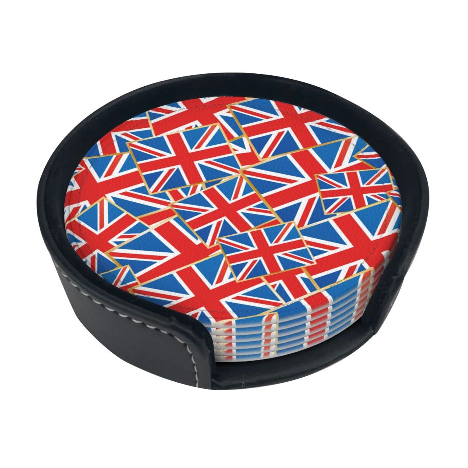 6 Pcs British Flag Union Jack Leather Coasters for Drinks with Holder Coaster Sets Drink Table Cup Coasters for Living Room Kitchen Coffee Decor
