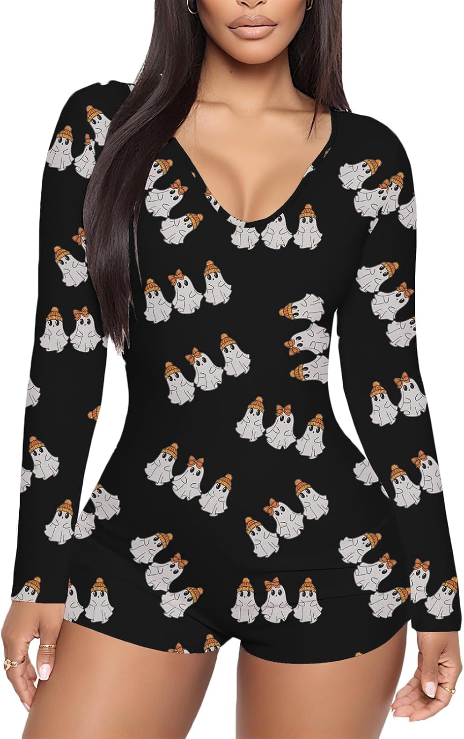 RUEWEY Women Halloween Romper Pajamas V Neck Long Sleeve Bodycon Shorts Jumpsuit One Piece Bodysuit