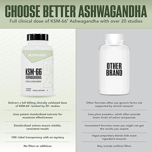 Miniatura 4 de NutraBio Ashwagandha KSM-66 Suplemento de hierbas Ashwagandha para el estrés, el estado de ánimo y el rendimiento 600 MG de KSM66 clínicamente