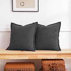 Linecooo Corduroy Dark Grey Throw Pillow Covers Set of 2 Striped Boho Decorative with Edge Design Super Soft
