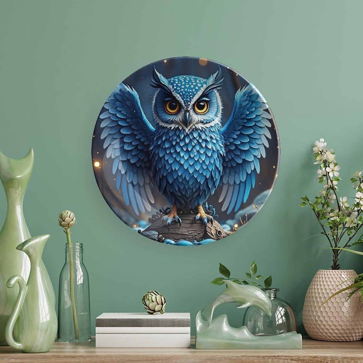 Blue Owl Ceramic Decorative Plate for Home, Bone China Plates | Chinese Style Decorative Dish with Stand, Dinner Plates Art Crafts for Wall Decor, Collections Plate with Hook 6inch