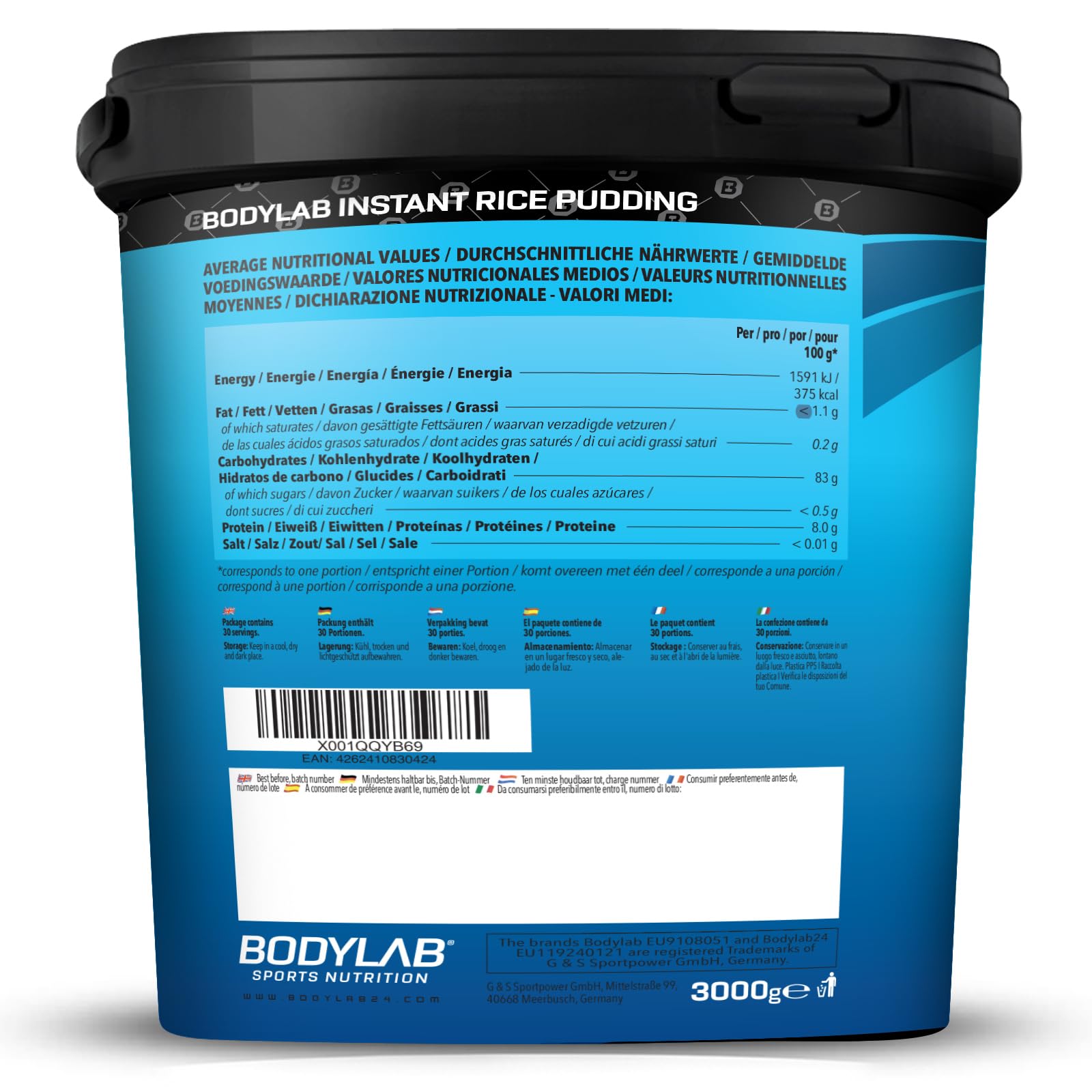 Bodylab24 Instant Rice Pudding 3kg, à base de farine de riz à 100%, sans autre additif, l'apport rapide et délicieux en glucides pour la prise de masse ou avant l'entraînement, goût neutre