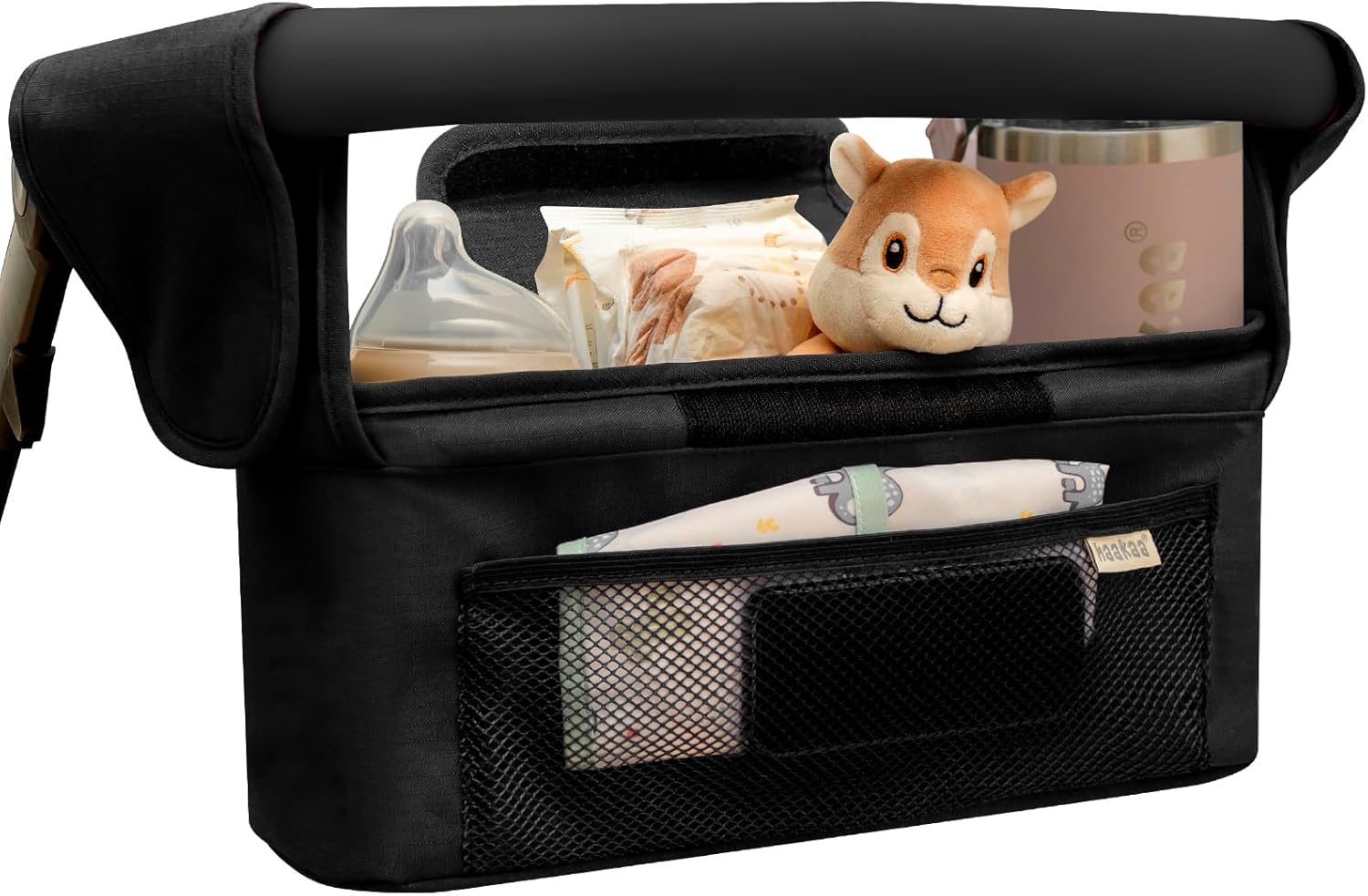 haakaa Stroll & Go Organiser - 2 Cup Holders - Black, Ultimate Stroller Organizer Universal Fit with Adjustable Non-Slip Straps & Hooks, Stroller Caddy Accessories with Shoulder Strap