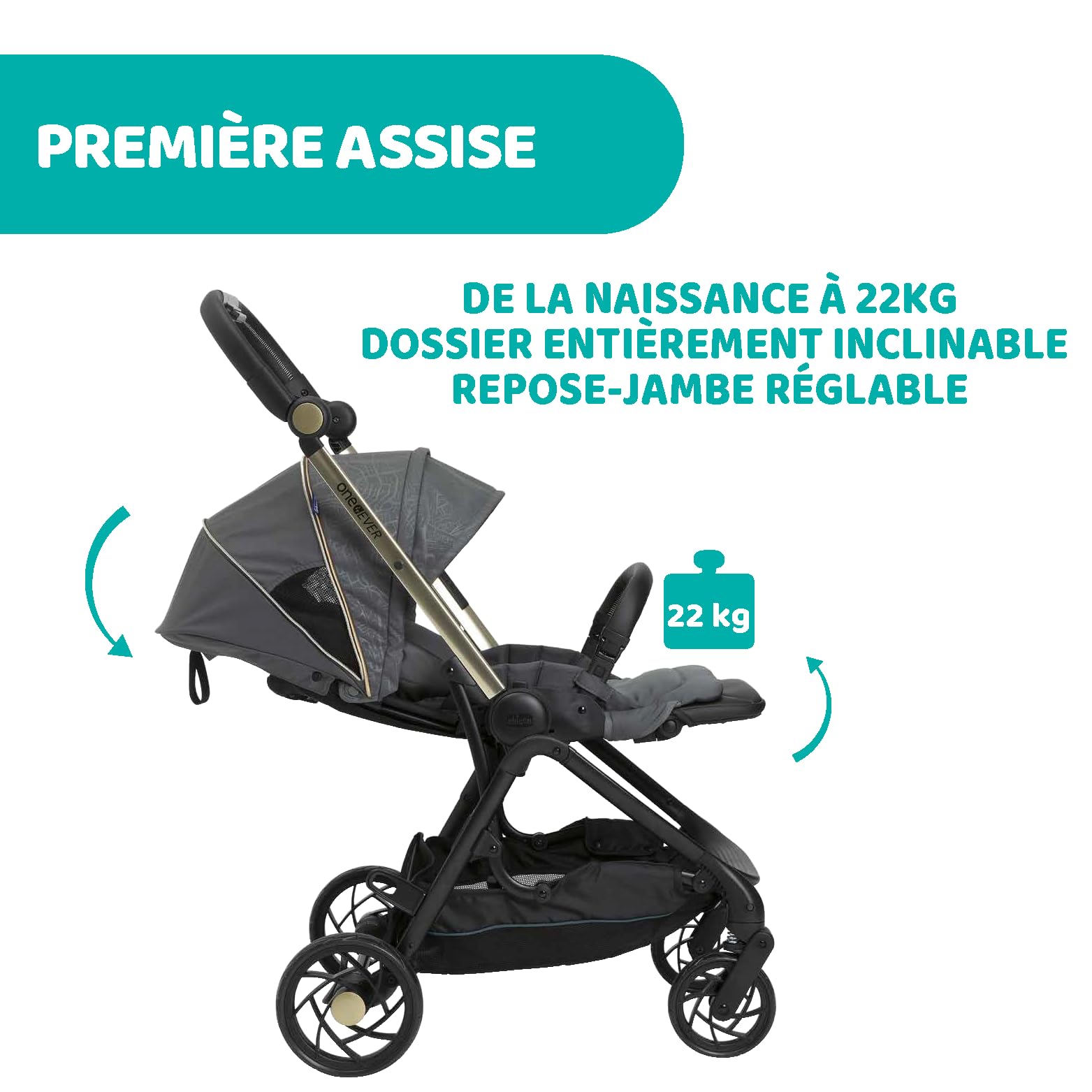 Chicco One4Ever Poussette Légère et Compacte de 0 Mois à 4 ans,Capacité de Charge Maximale de 22 kg,Poussette Pliable,Dossier Inclinable,Fermeture Automatique en 1 étape