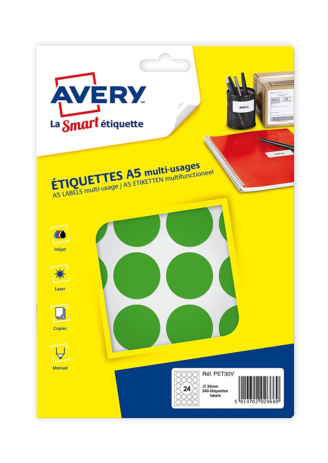 AVERY Pack of 240 Green Self-Adhesive Dots, Diameter 30 mm