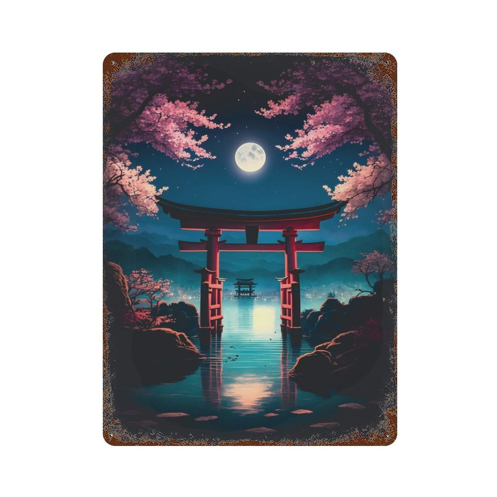 Japanese Torii Gate Lake Decorative Tin Sign 15.7"x11.8", Old School Wall Decor for Garage, Pub Or Kitchen