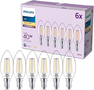 Philips LED Leuchtmittel, 6er-Pack, B35, E14, 470 Lumen, 40 W, Kerzendesign, Lange Lebensdauer, Warmweißes Licht 2.700 K, Klare Lampe
