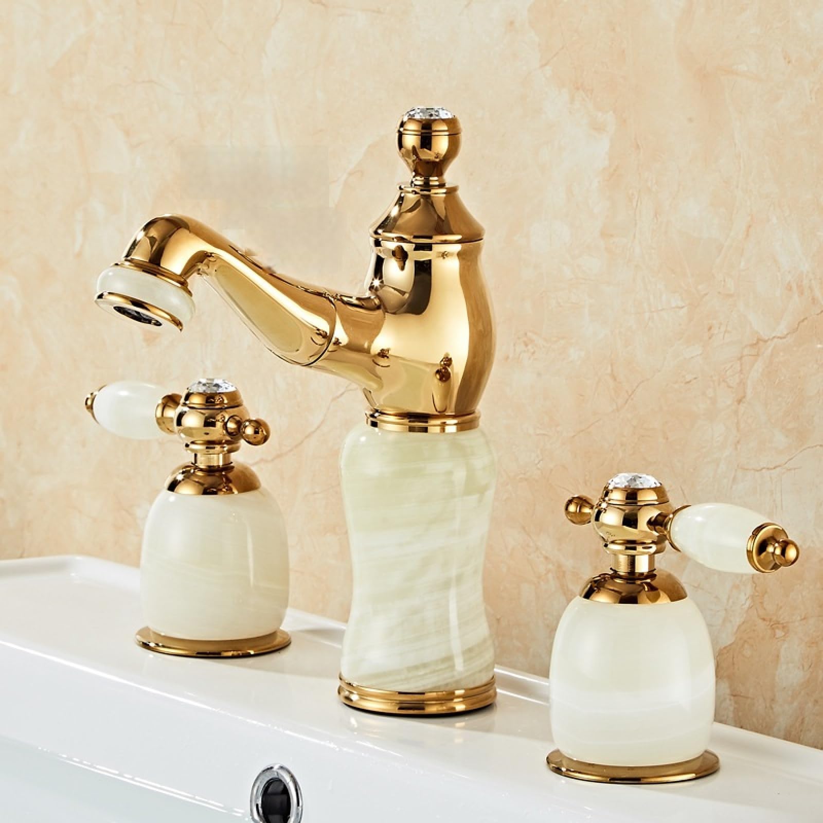 Robinet extensible jade vert à trois trous pour lavabo chaud et froid 20 cm