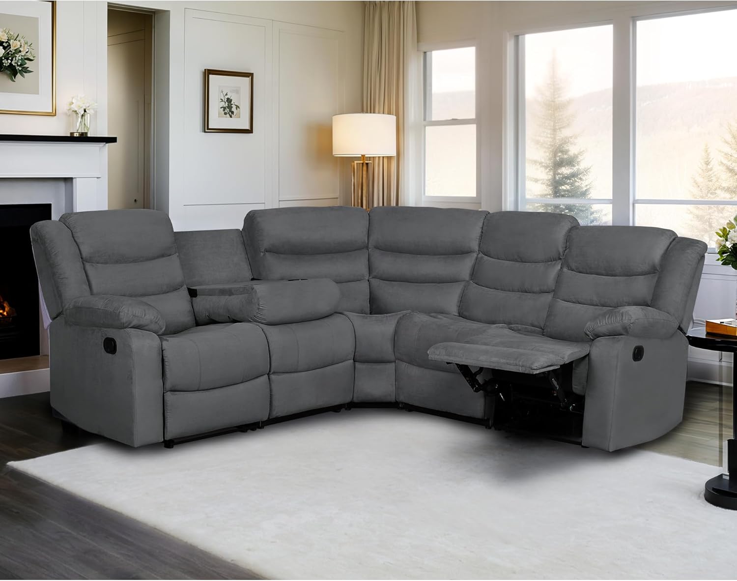 Recliner Sectional Sofa, Microfiber Manual Reclining Sectional Couch with Cup Holders, Living Room/Office (Grey)