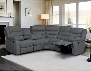 Recliner Sectional Sofa, Microfiber Manual Reclining Sectional Couch with Cup Holders, Living Room/Office (Grey)