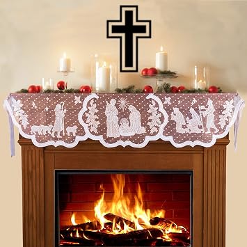 Christmas Mantle Scarf for Fireplace - White Lace Nativity Mantle Cover Garland Runner for Holiday Home Living Room Decorations Xmas Christian Jesus Decorations Indoor
