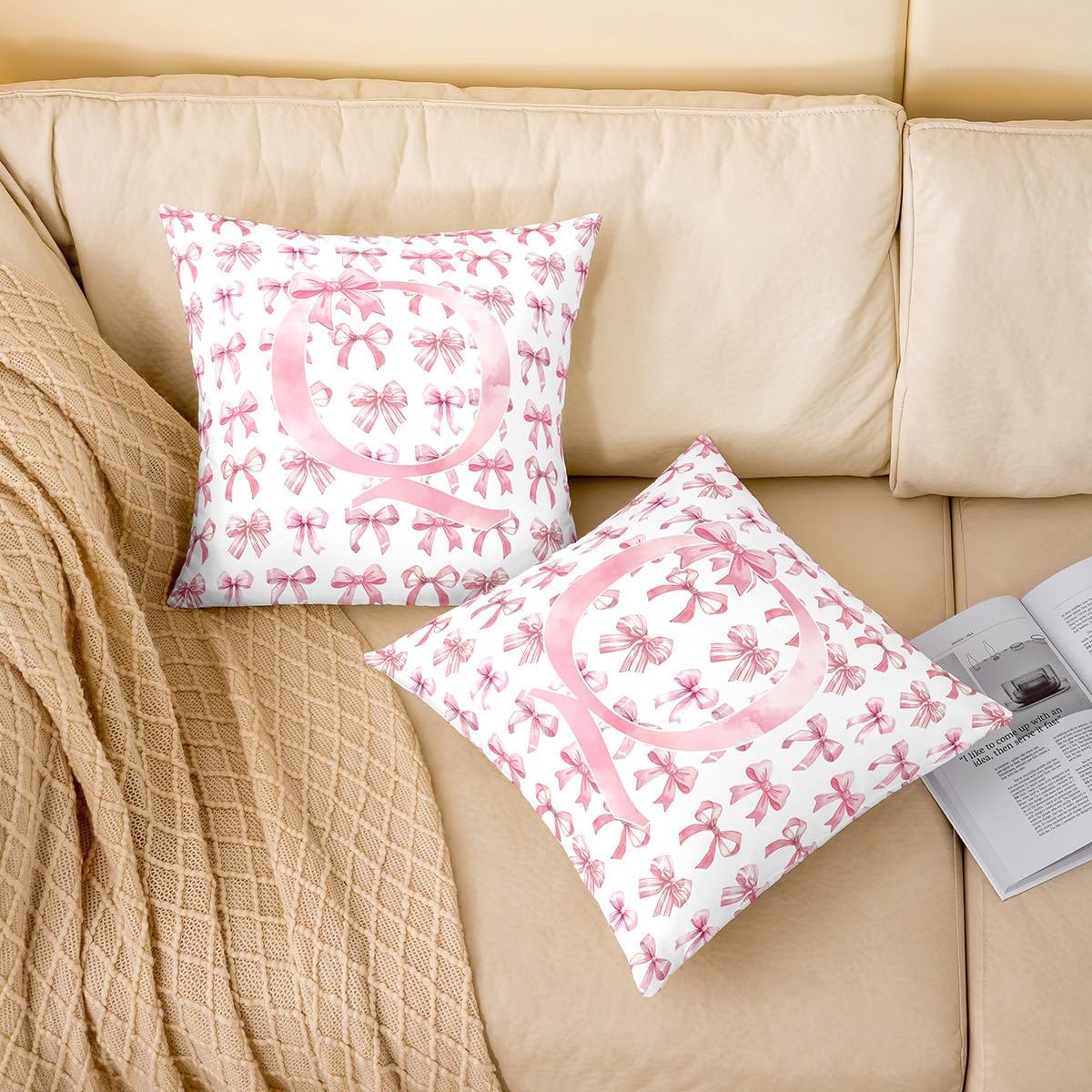 Initial A-Z Pillow Covers,Initial Letter Q Cushion Covers 16"x16"Pink Bow Monogrammed Square Cushion Cases Set for Bedroom Office,Dreamy Cartoon Bowknot Pillowcases image 2