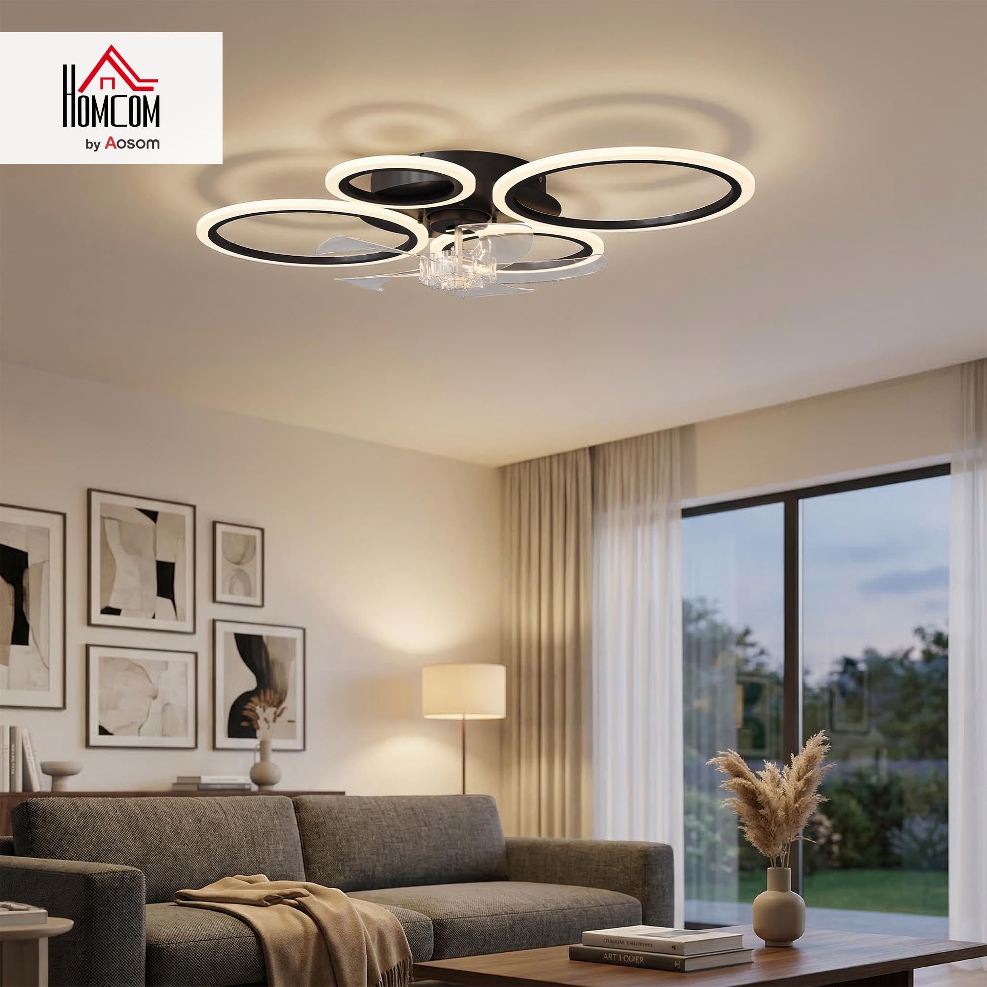 HOMCOM LED Deckenleuchte mit Ventilator 77 cm mit Fernbedienung Schwarz | Leise Deckenventilator mit Beleuchtung, 6 Geschwindigkeiten, 3 Farbtemperaturen, DC Motor, Timer, für Wohnzimmer