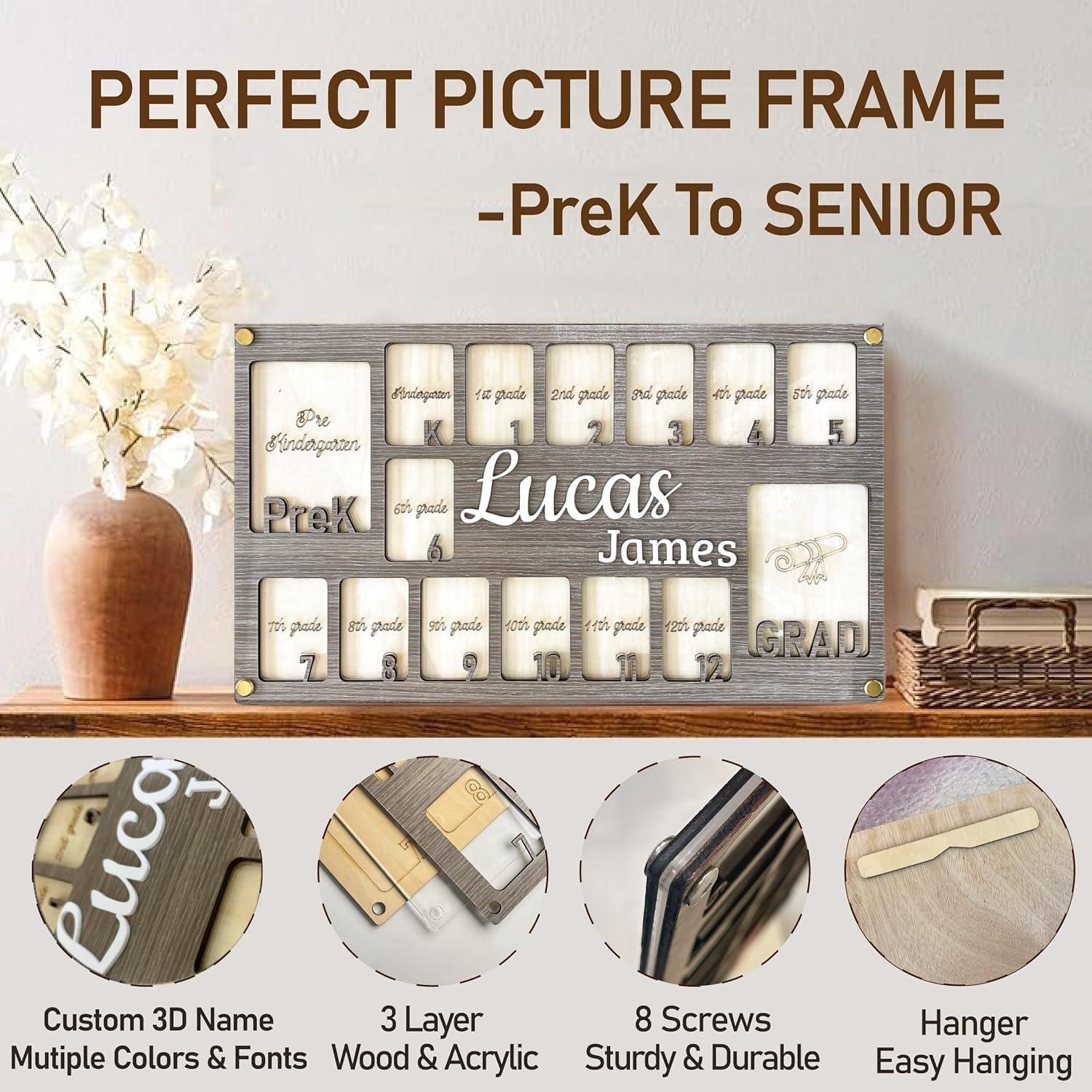 JOYO School Picture Frame Pre-K to 12, Personalized Wooden School Years Picture Frame K-12, Custom Name Engraved, Grades Pre-k-12 & Collage Graduation Photo Frames, Graduation Gift (Dark Grey)