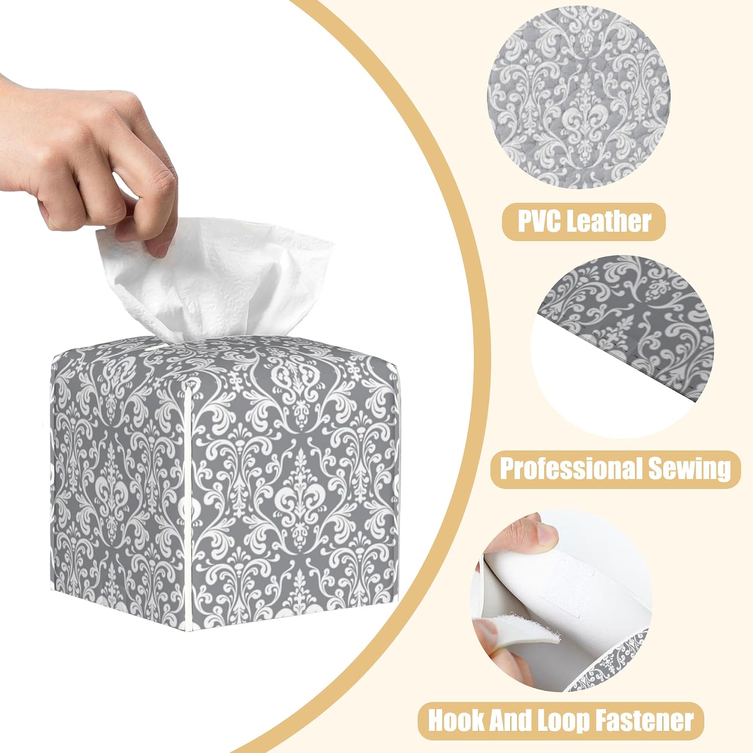 Square Tissue Box Cover Grey and White Damask Tissue Box Holder Facial Cube Paper Dispenser Leather Decorative Organizer Home Office Desk Decor, 5.2"x5.2"x5.2" image 3