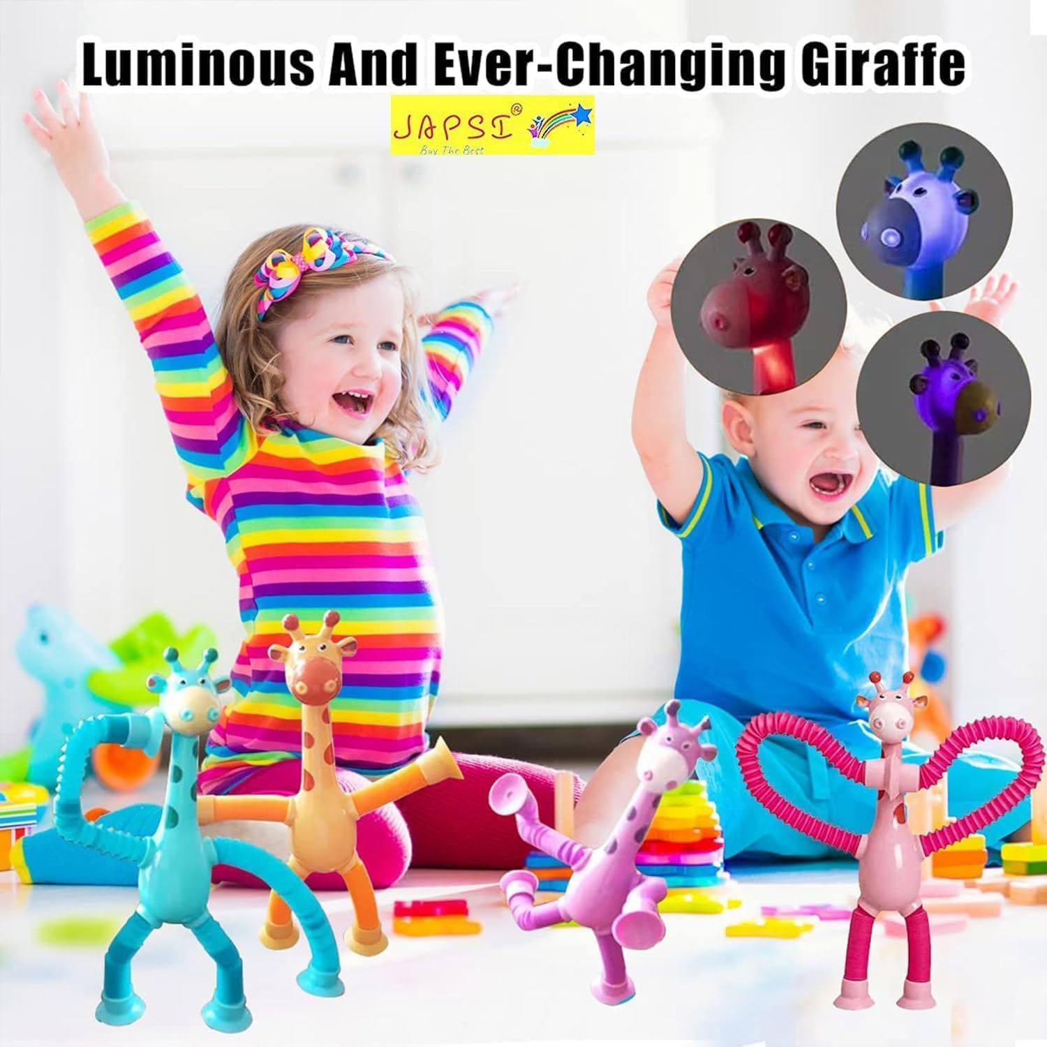 JAPSI Bendable Giraffe Interactive Toys with LED Lights, Parent-Child Suction Cup Animals, Stretchy Colorful Design, 2 Pack 3