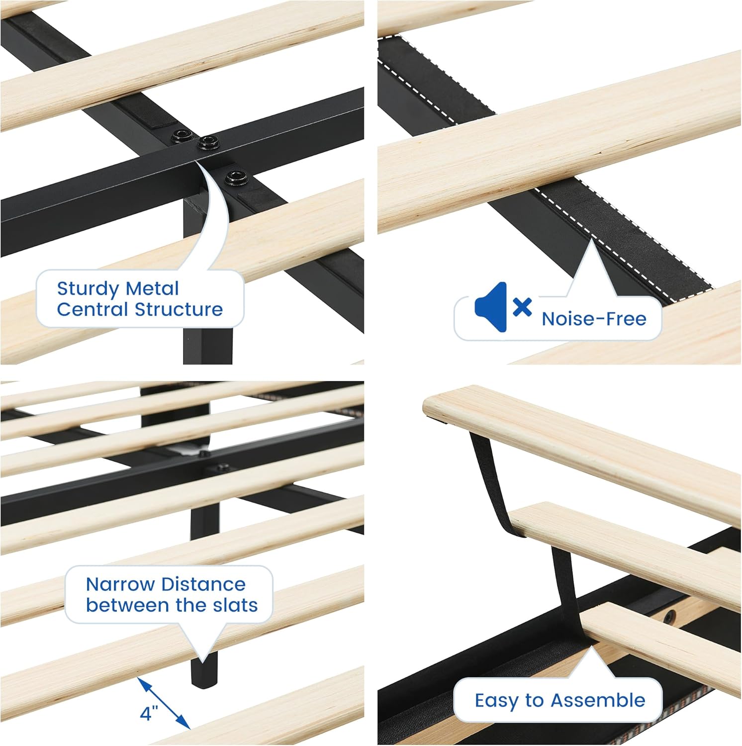 Close-up of bed frame construction showing sturdy metal central structure, noise-free design, narrow slat distance, and easy assembly