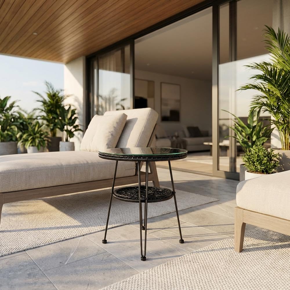 Black Wicker Outdoor Coffee Table, Weather-Resistant, Handwoven Design, Patio, Garden, Backyard, Stylish, Functional