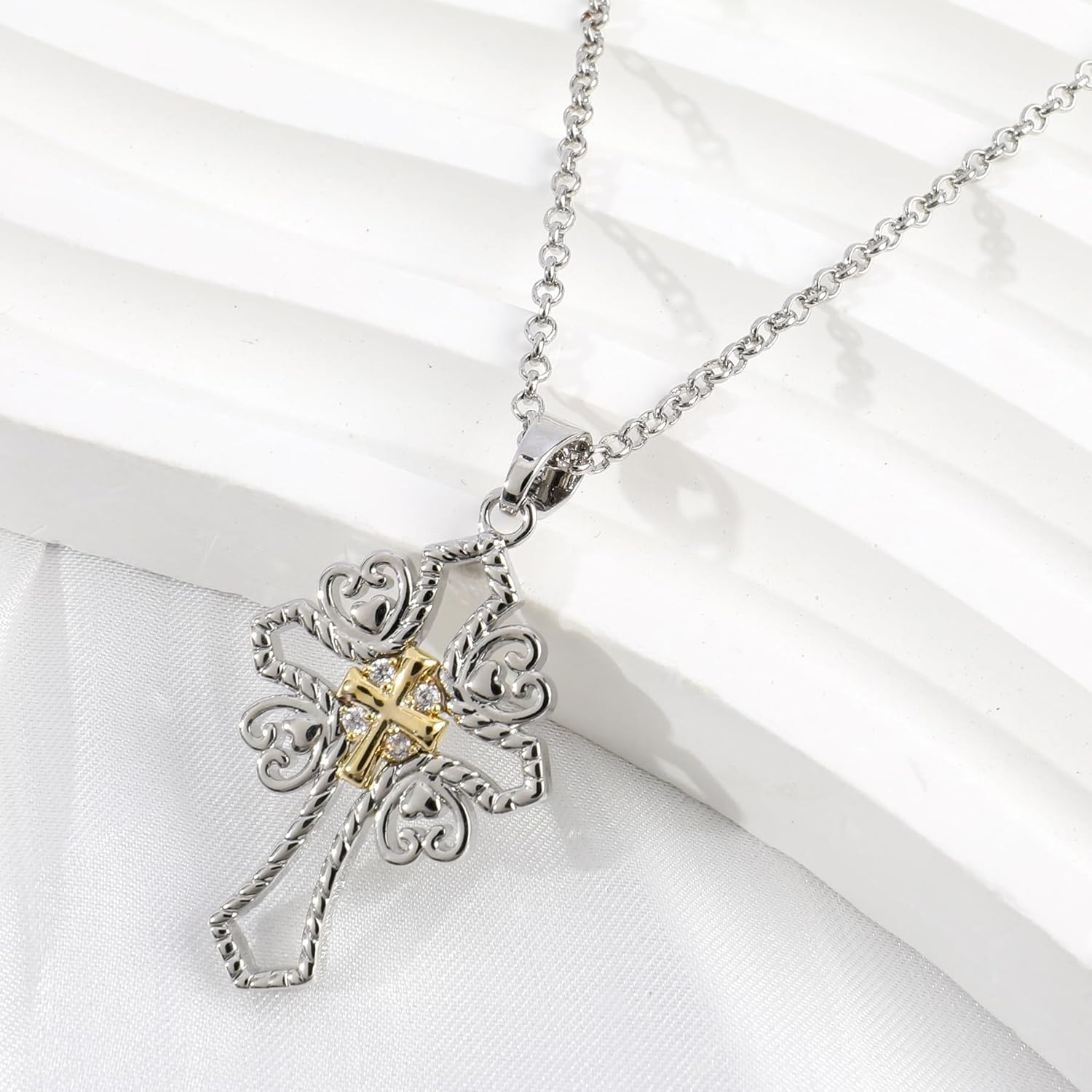 NEKOL Vintage Hollow Cross Necklace for Men Women Gothic Gold Silver Cross Pendant Necklace 14K White Gold Plated Textured Cross Charm Necklace Adjustable Chain Trendy Religious Jewelry Gift - Image 3