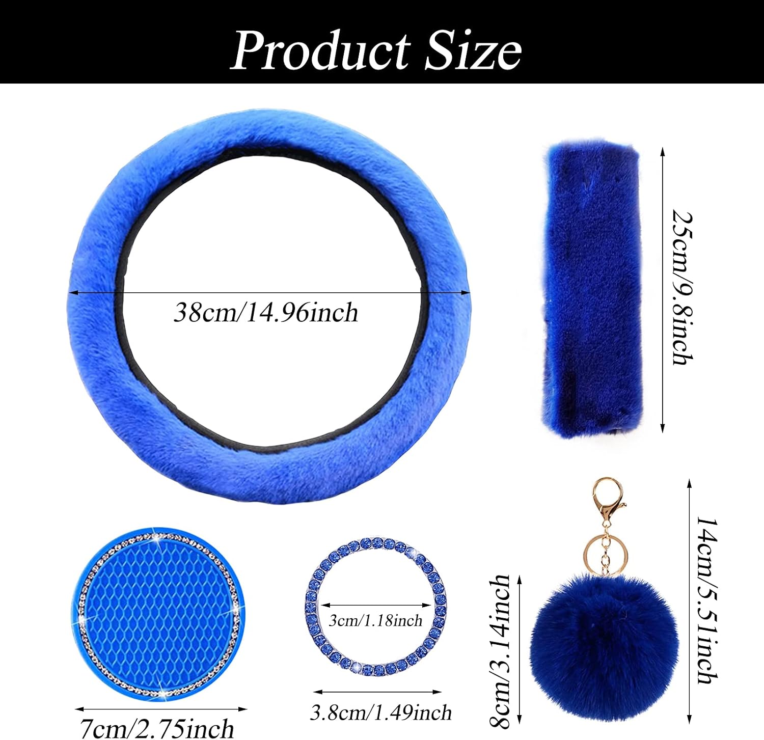 WenMei 1 Set 9 Pieces Fluffy Car Accessories Set, Includes Fluffy Fuzzy Steering Wheel Cover Set Seat Belt Cover Rhinestone Ring Sticker Plush Keychain 2 Bling Car Coaster for Car Decor (Royal Blue) image 5