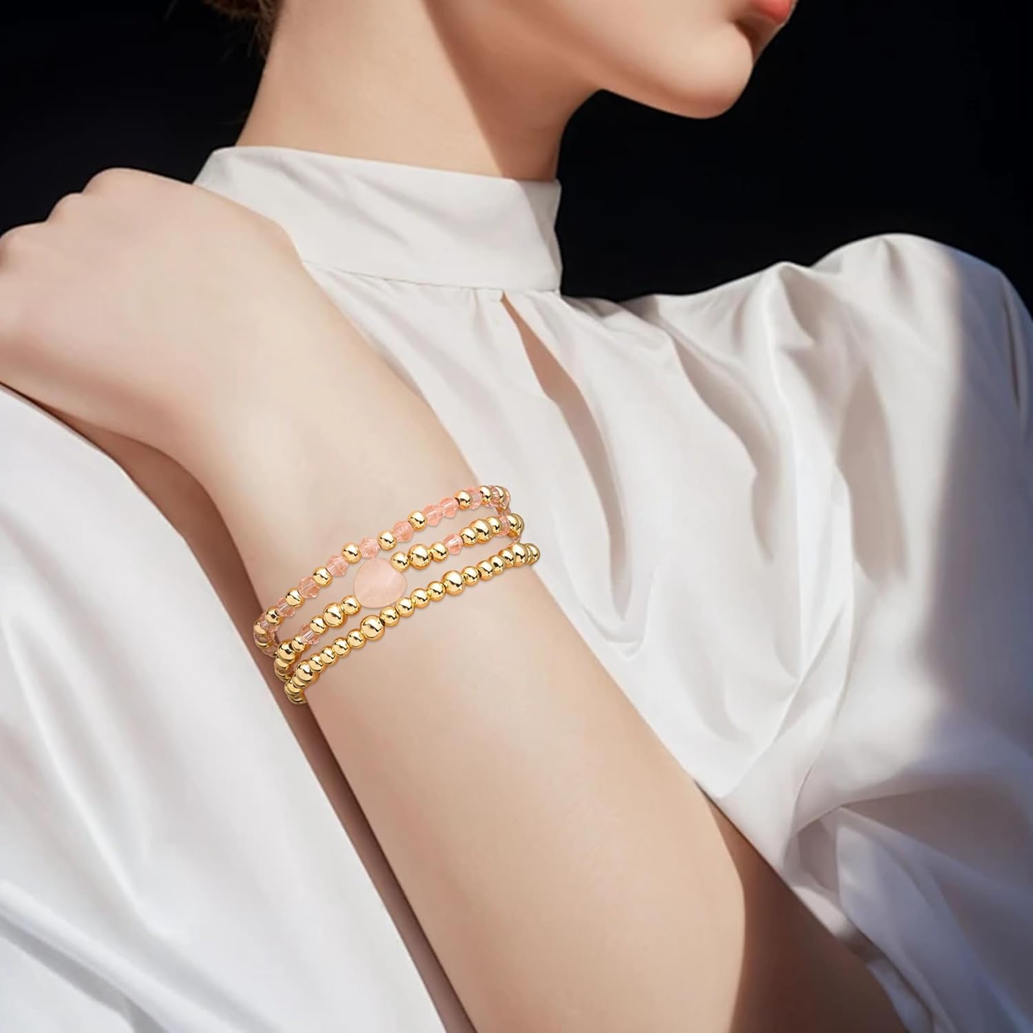 Gold Beaded Heart Stack Bracelets Set for Women, 3Pcs Dainty Handmade Pink beads Stackable Stretch Bracelet Everyday Fashion Jewelry Gift. - Image 2