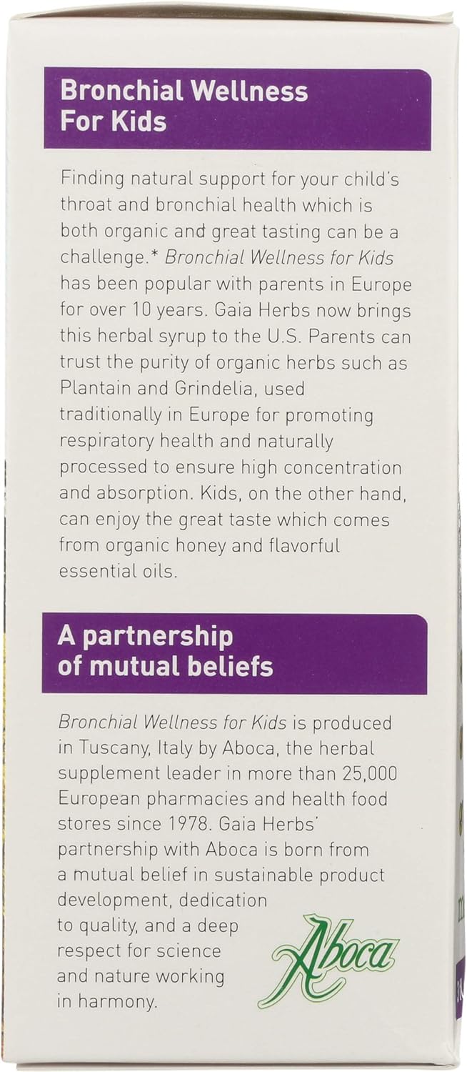 Gaia Herbs, GaiaKids Bronchial Wellness Syrup, Immune Health, Soothing Throat and Respiratory Support, Organic Honey Lemon Flavor, Physician Formulated, 3 Fluid Ounces