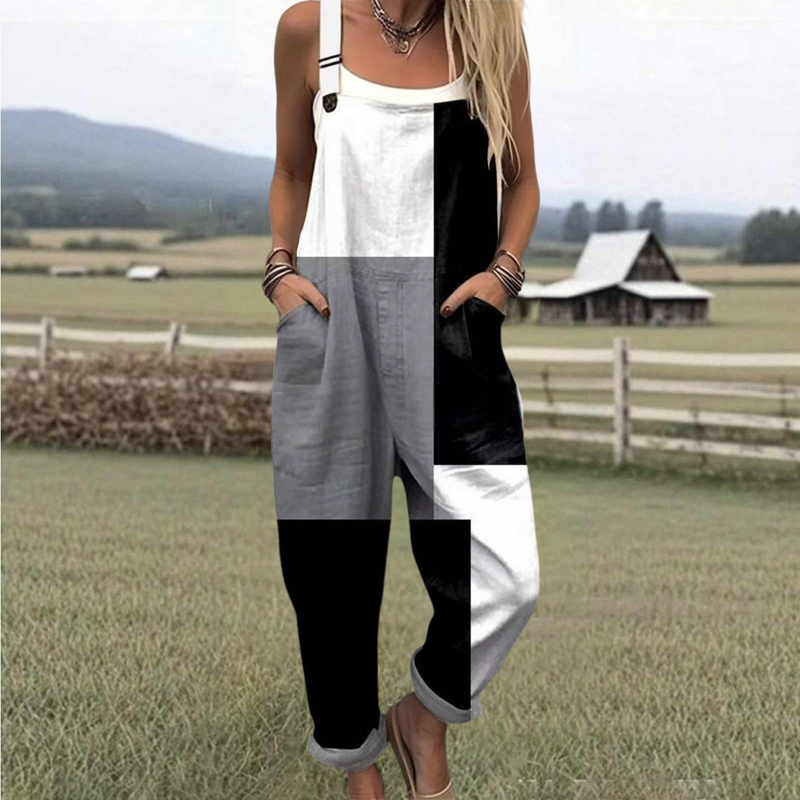 Generico Salopette Donna Estiva Lunga Elegante Tuta Jumpsuit Intera Curvy Casual Moda Stampa Jumpsuits Comoda Larga Pantaloni Da Lavoro Con Tasca Leggera Baggy Salopette da Casa, Playsuit Spiaggia