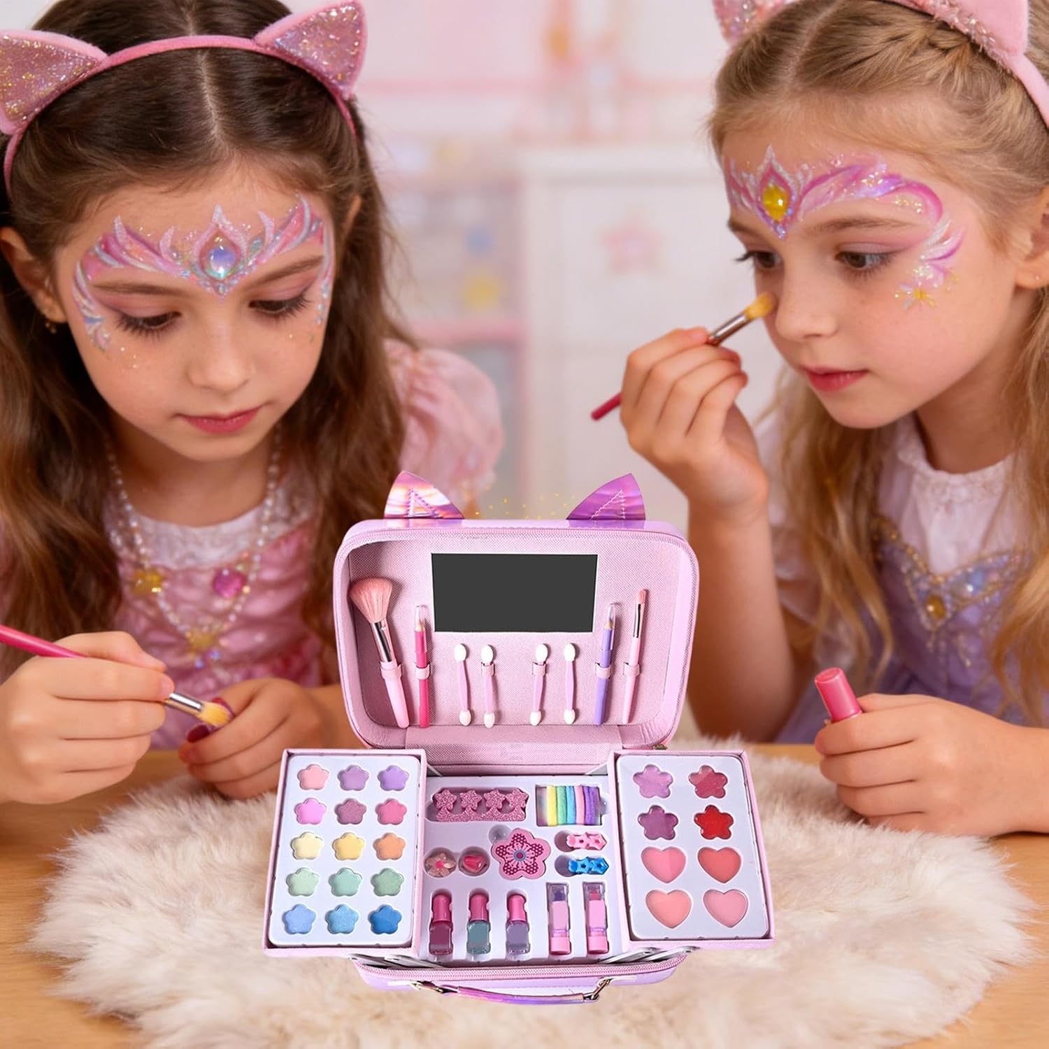 プリンセスキッドメイクアップ - 女の子子供用の猫の形の化粧品おもちゃセット |リアルなごっこ遊び、休日用の財布付きメイクアップ、誕