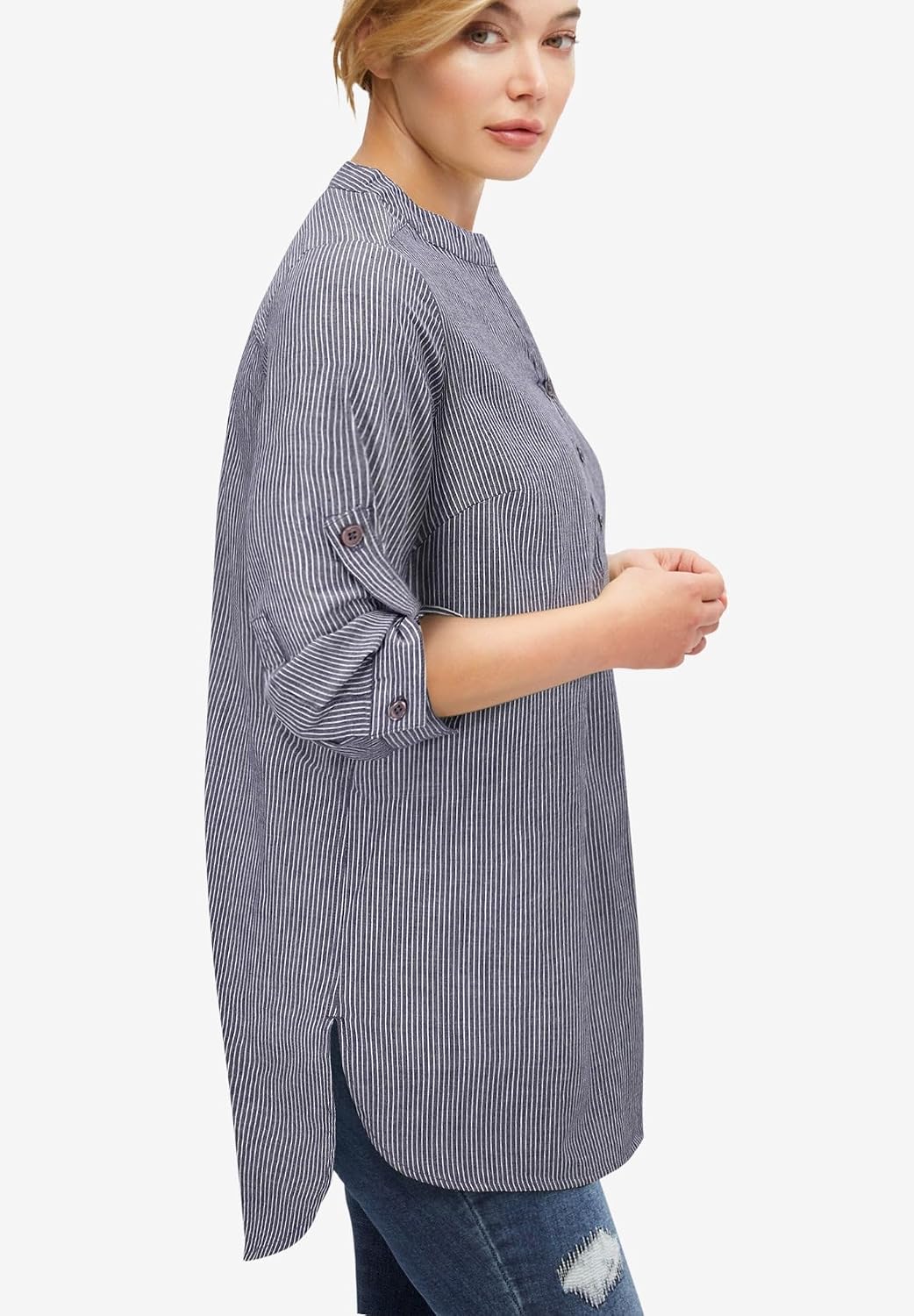 ellos Women's Plus Size Striped Henley Tunic Oversized Long Top Wear with Leggings