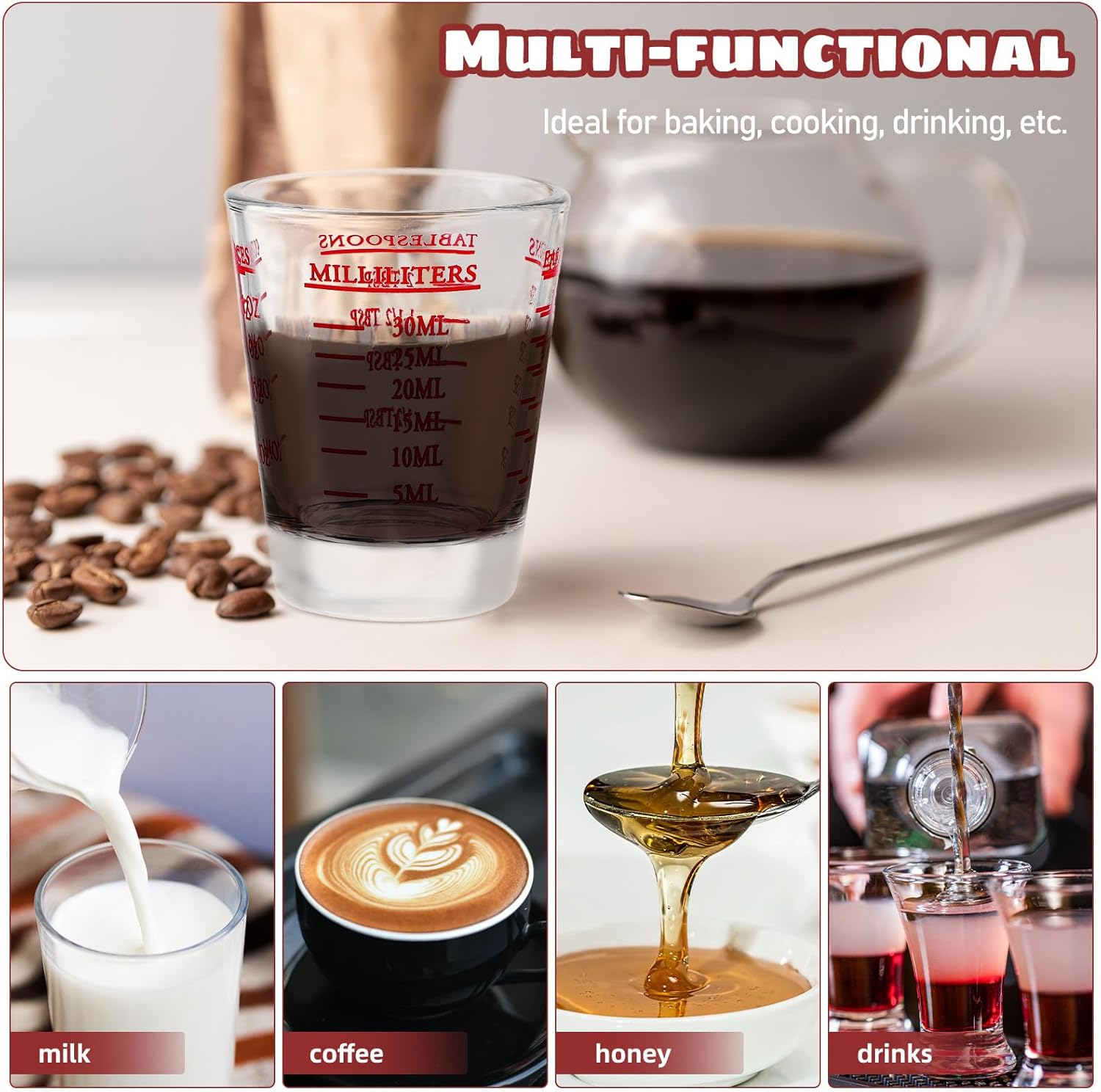 8pcs 30ml Glass Measuring Cups Set, Graduated Espresso Cups with Red Scale, Liquid and Baking Measuring Tools for Kitchen Use