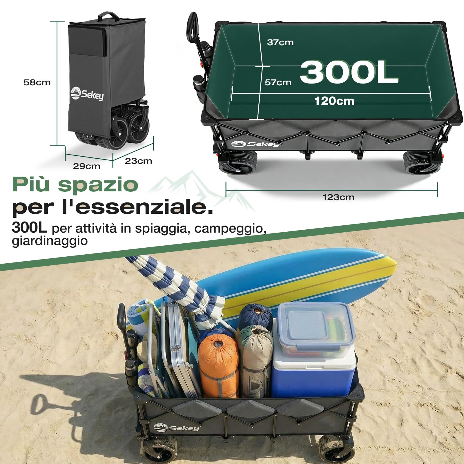 Sekey Carrello Spiaggia 300L 200KG Ruote Grandi 17x10 cm Pieghevole SE4013 Grigio
