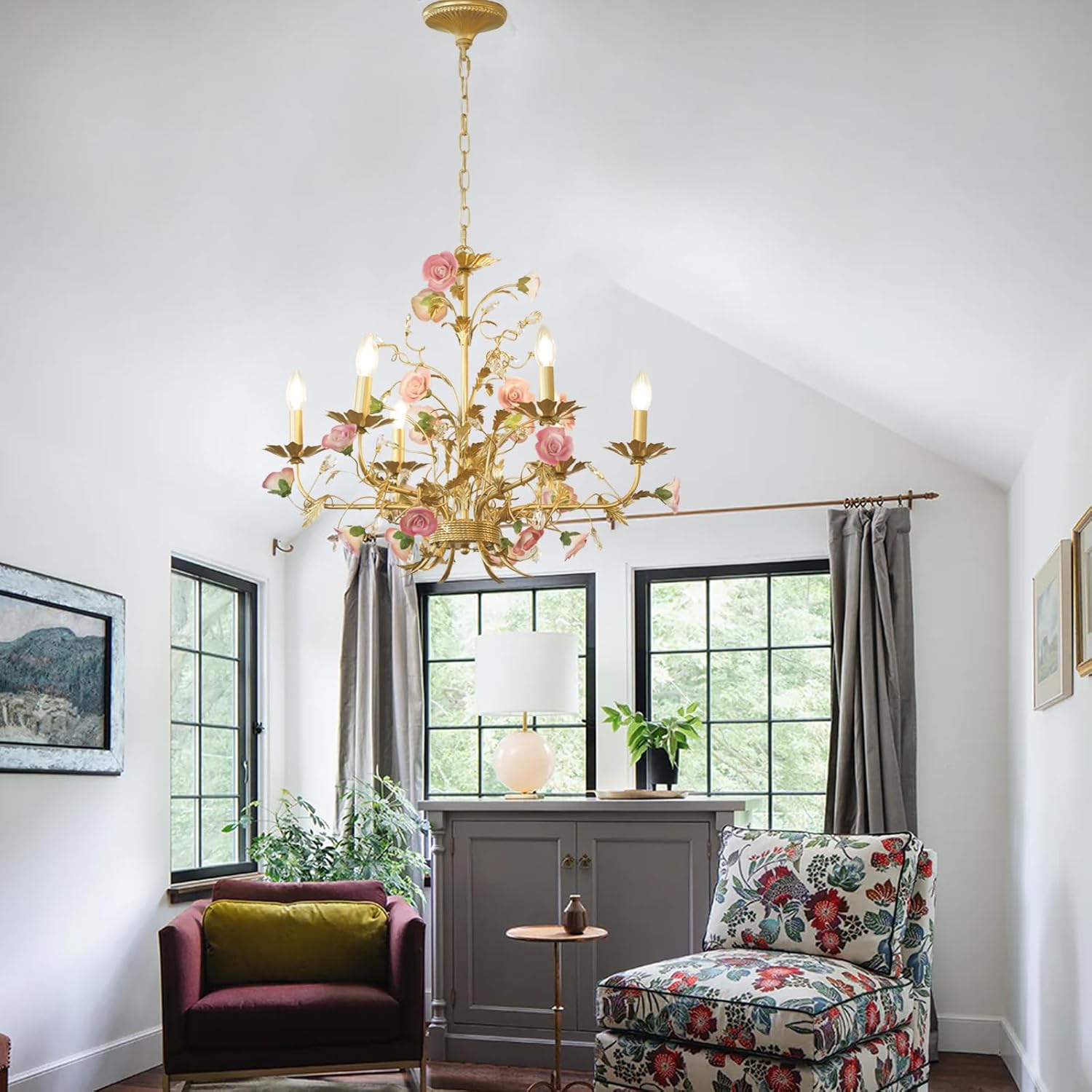 Farmhouse Dining Room Over Table Chandelier, Hanging Light Fixture Pink Bedroom, Art Deco Unique Rustic Tree Lamps Leaves Lighting Fixtures, Foyer Living Room kitchen Ceiling Crystal Pendant Lights