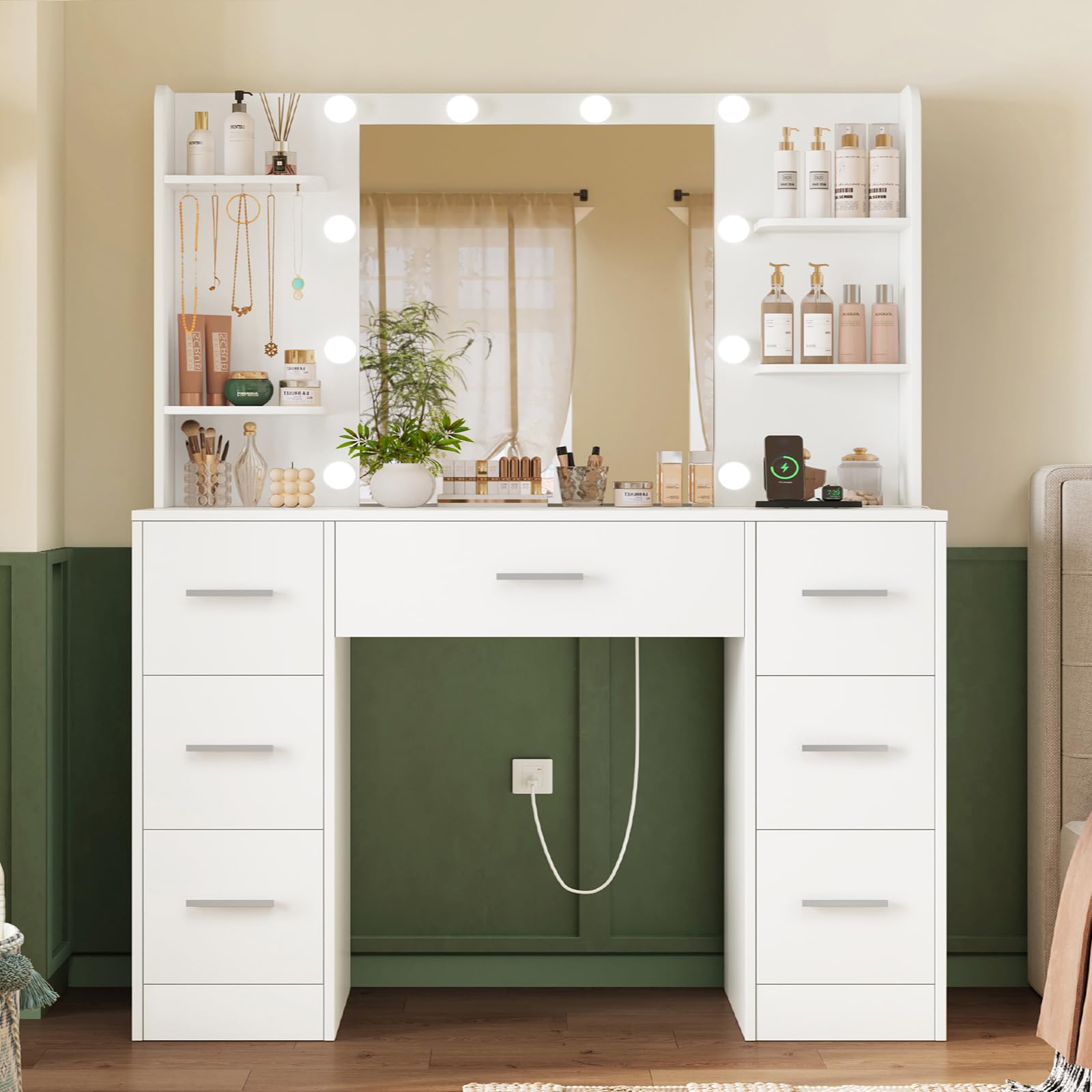 TEENFON Large Makeup Vanity, Vanity Desk with Mirror and Lights, Power Strip, Makeup Vanity Table with 7 Drawers, 4 Shelves and 5 Jewel Hooks, Bedroom, White