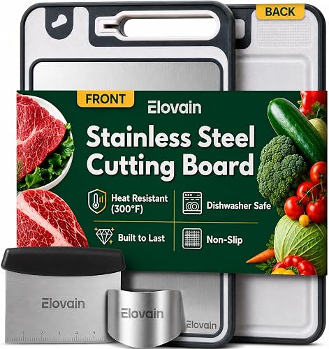 Stainless Steel Cutting Board with Built-In Knife Sharpener, Double-Sided 304 Food-Grade Steel & Wheat Straw, Large Board for Meat & Vegetables, Dishwasher Safe, 15x10 Inch, Food Safe, 3-Piece Set