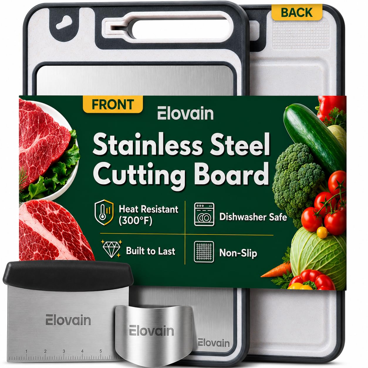 Elovain Stainless Steel Cutting Board with Knife Sharpener